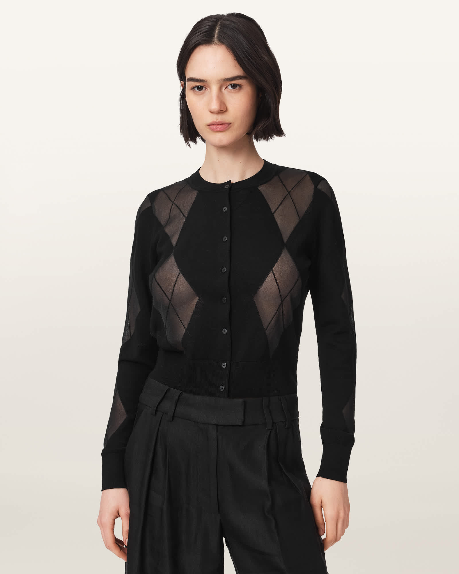 Allsaints Women's Black Bern Wool Blend Argyle Cardigan - Size  L
