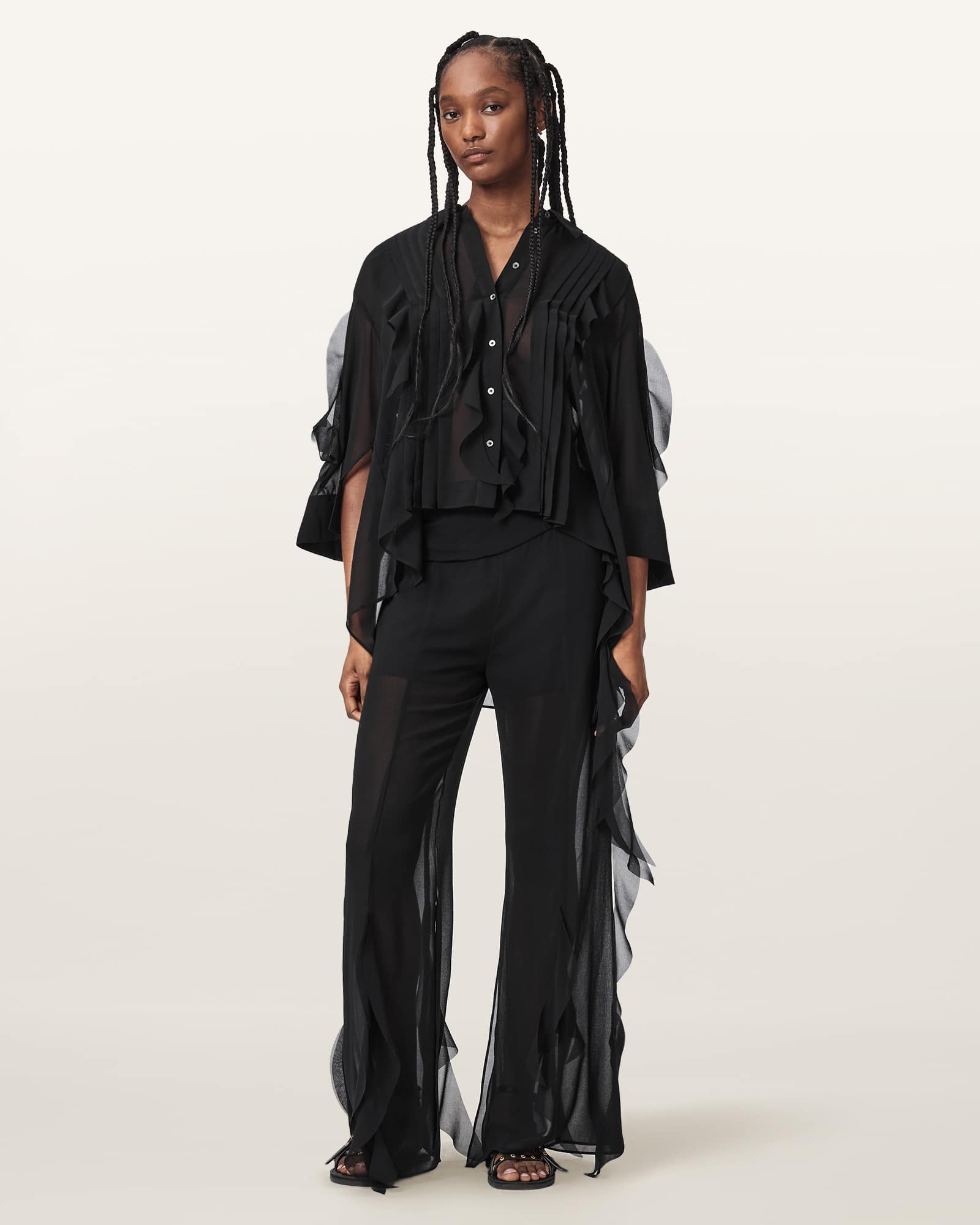 Allsaints Women's Black Minna Flared Frill Detail Trousers - Size  12