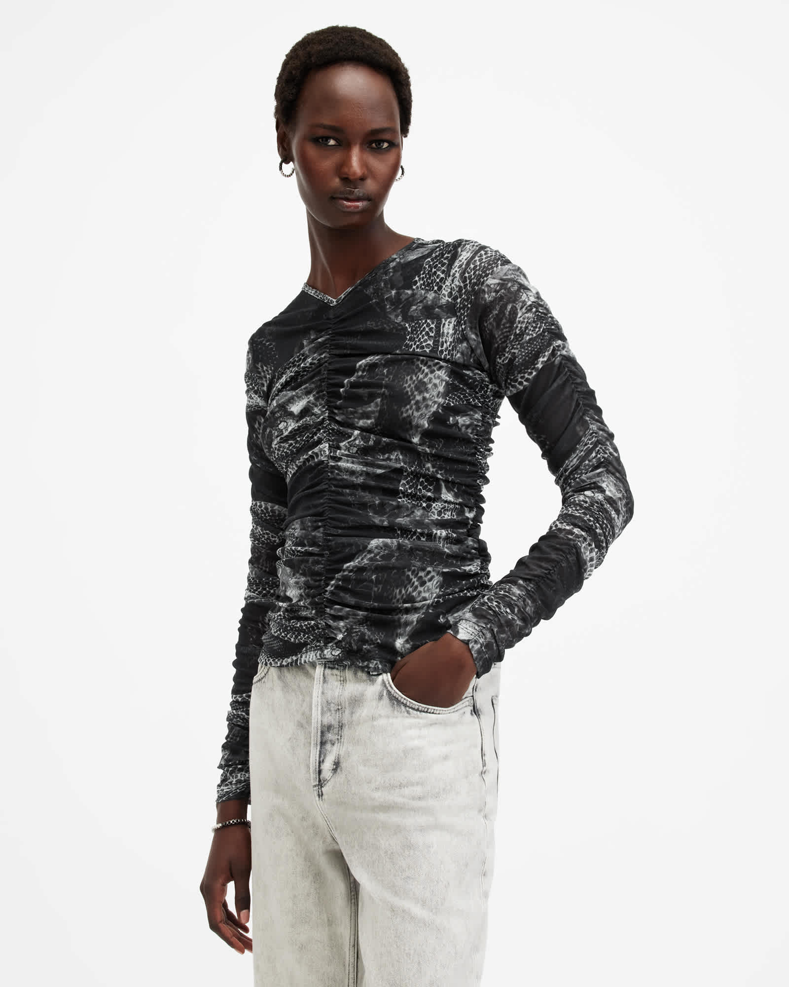 Allsaints Women's Keiko Mesh Gathered V-Neck Top - Size  6