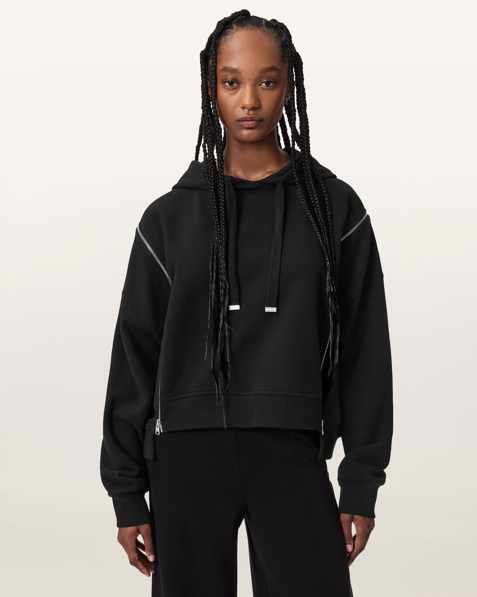 Allsaints Women's Black Ciara Oversized Zip Detail Hoodie - Size L