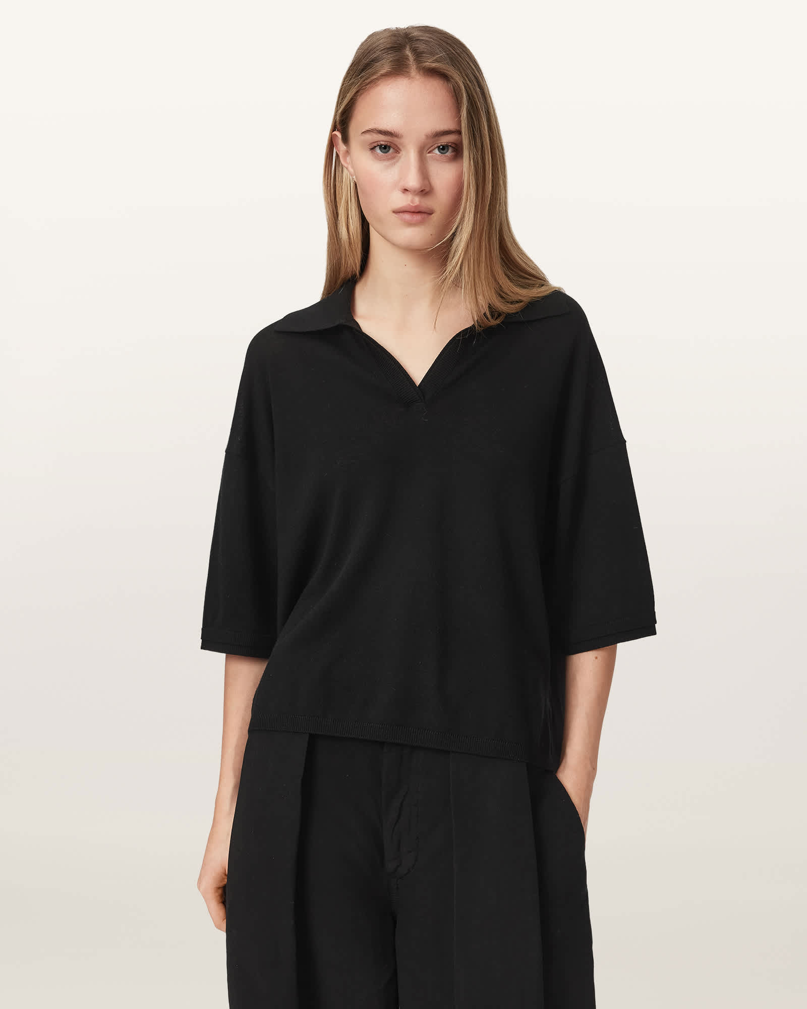 Allsaints Women's Black Bern Short Sleeve Woven Wool Polo - Size  S
