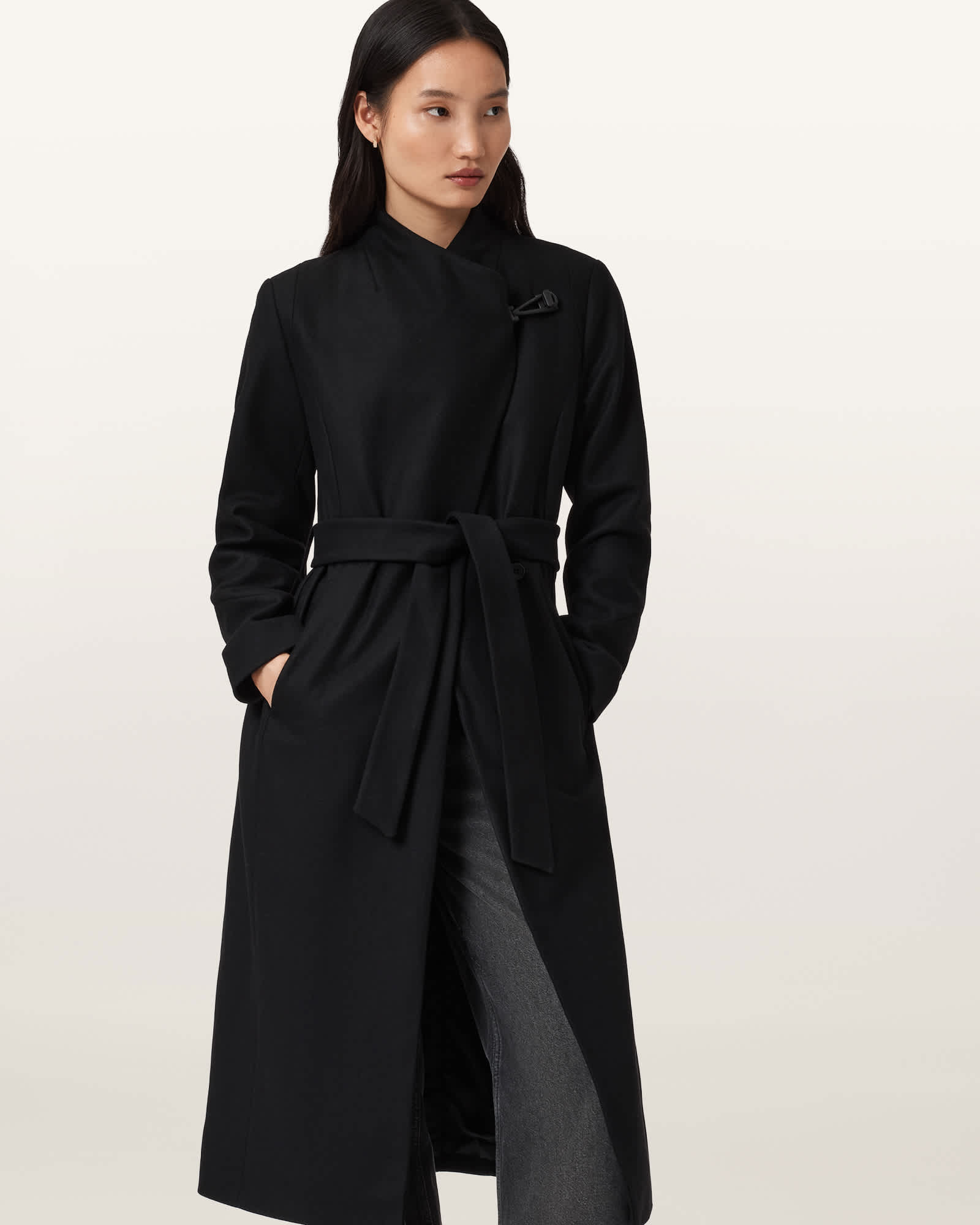 AllSaints Women's Wool Riley Wrap Around Belted Long Line Coat, Size: UK 8/US 4