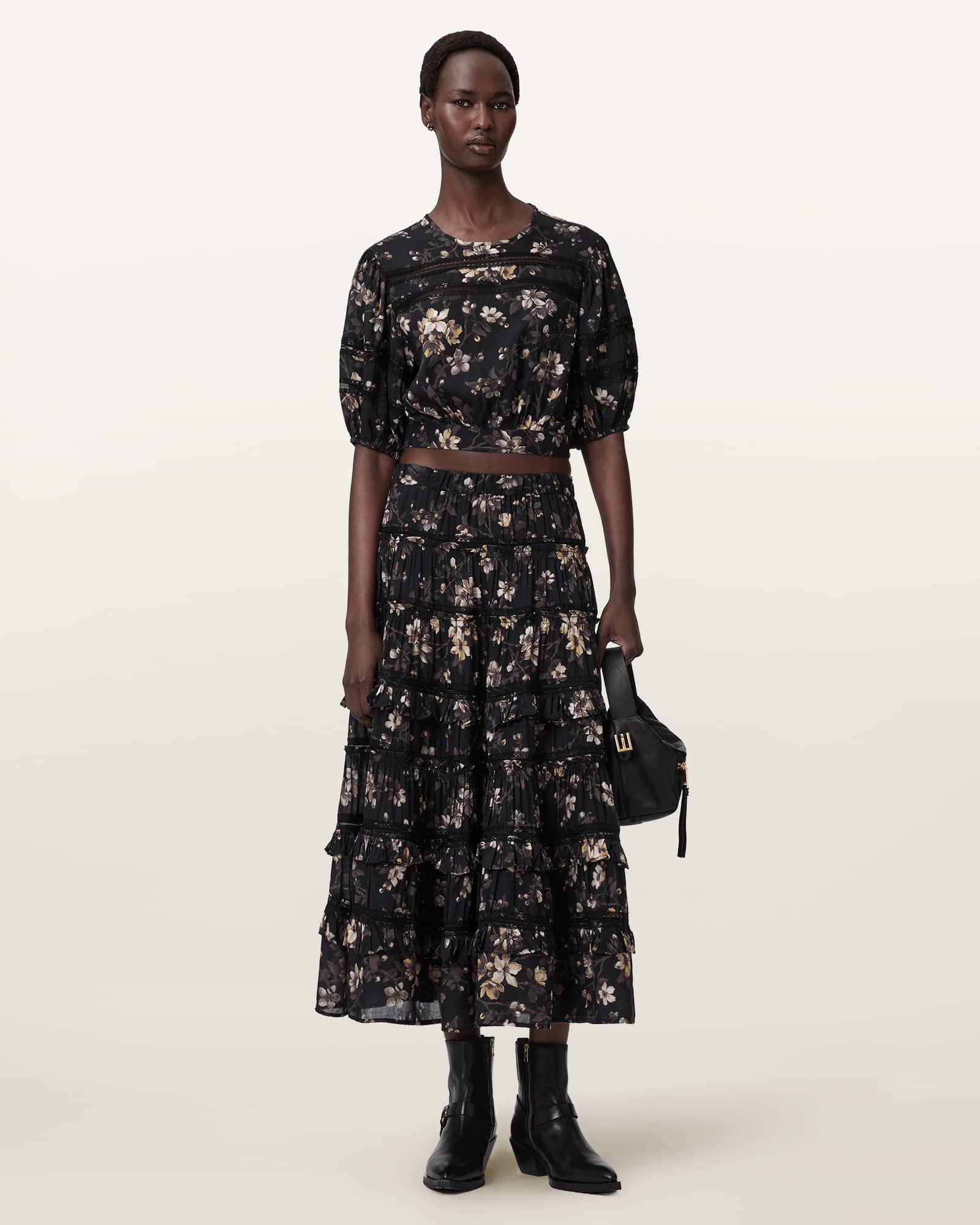 AllSaints Talia Printed Midi Skirt,, Vine Black