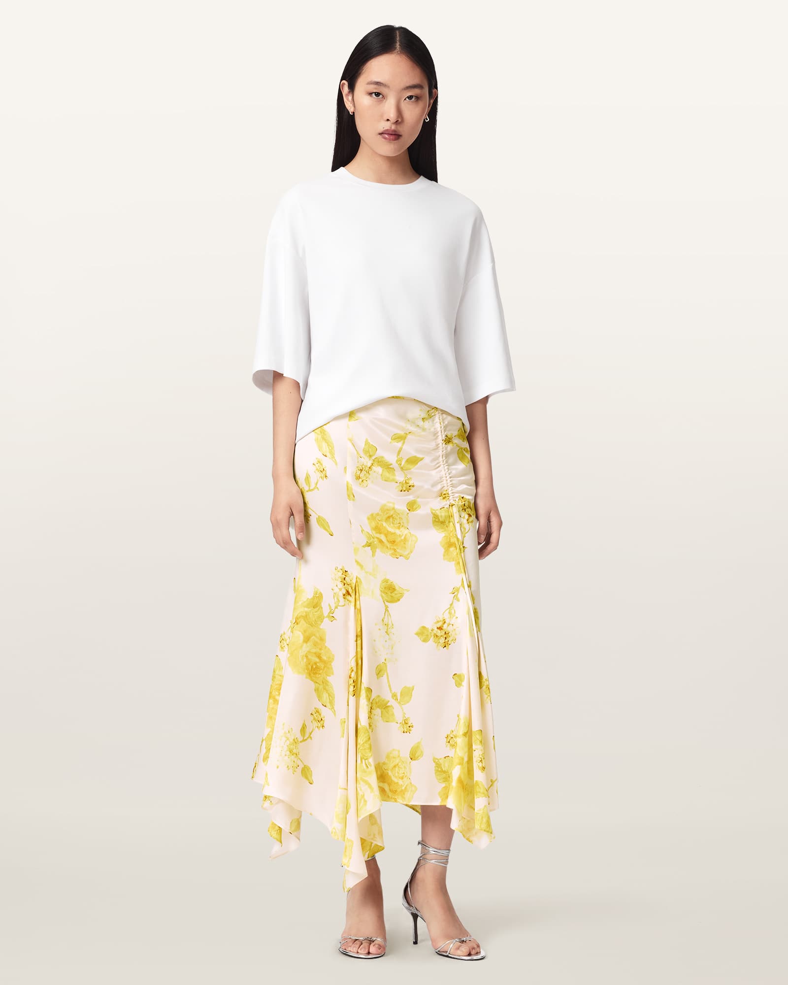 Allsaints Women's Yellow Kathy Satin Floral Midi Skirt - Size  6