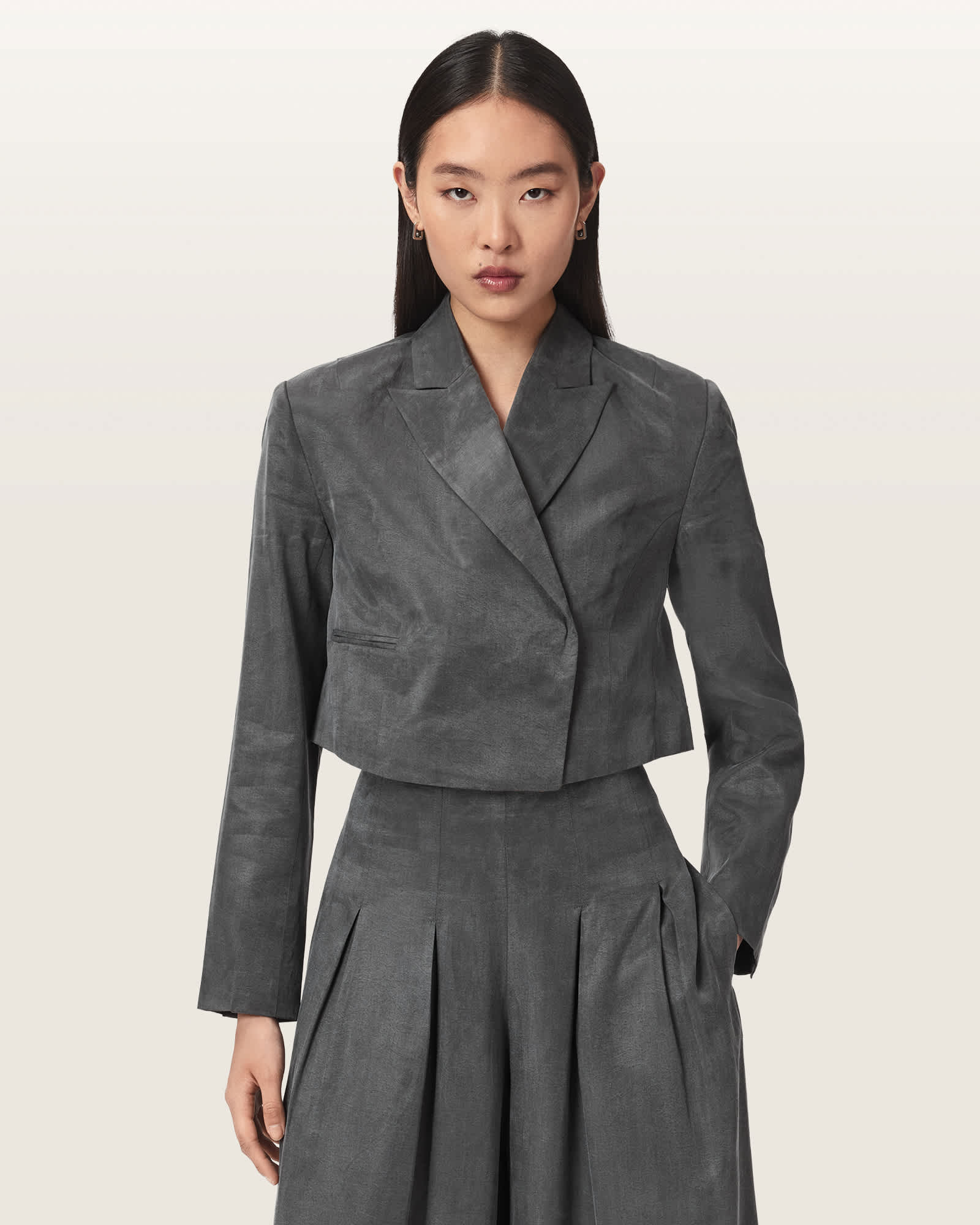AllSaints Lyocell Marrlo Double Breasted Cropped Blazer, Size: UK 6/US 2