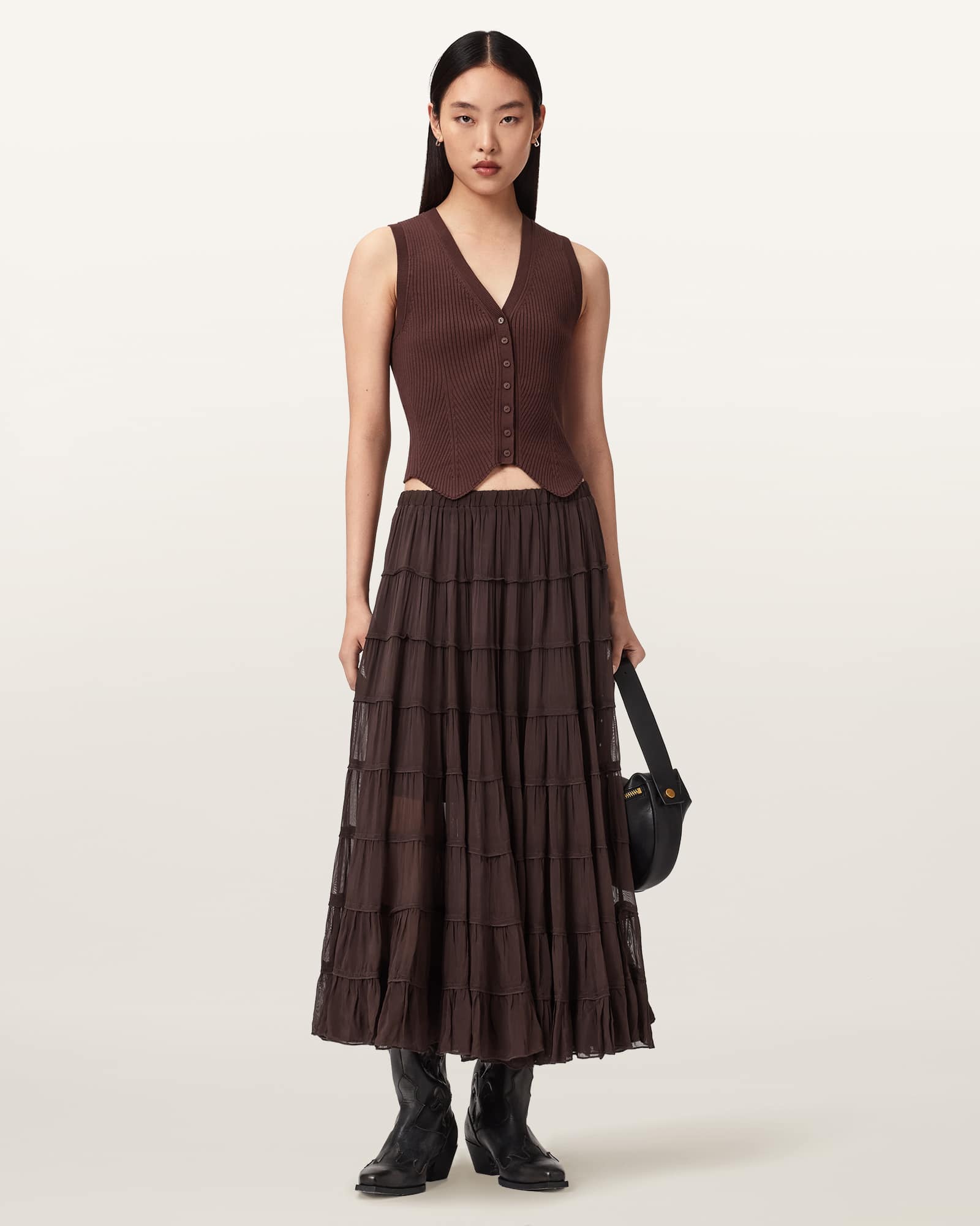 AllSaints Viscose Eva Tiered Midi Skirt, Size: UK 14/US 10