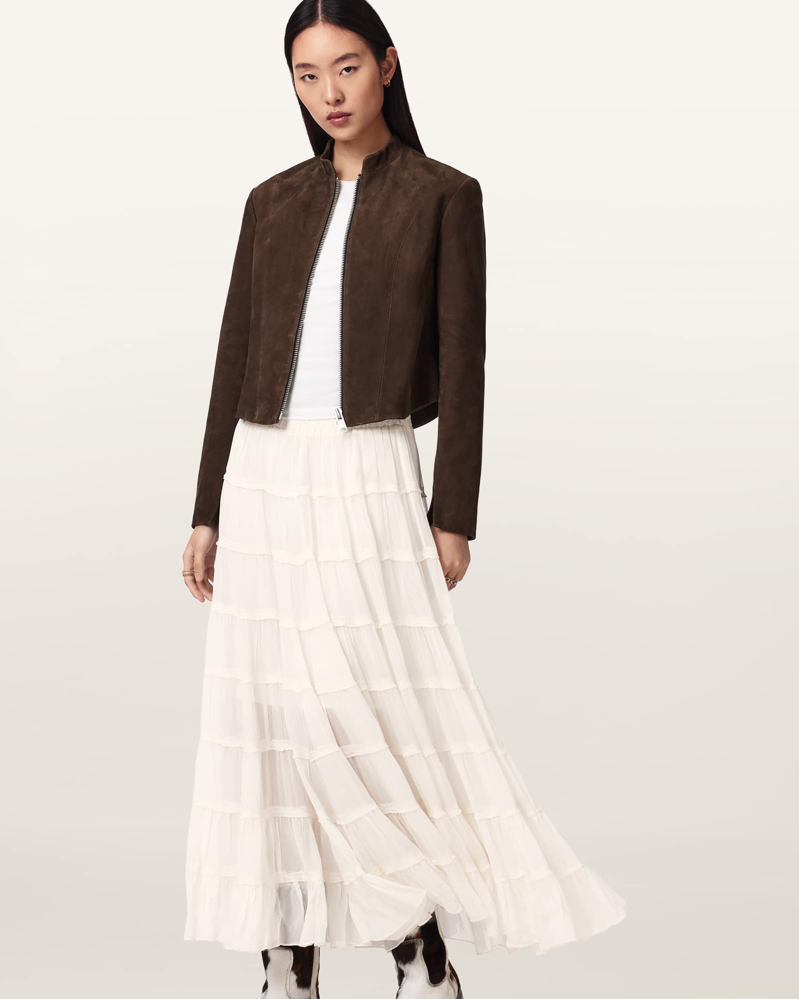 Allsaints Women's White Eva Tiered Midi Skirt - Size  16