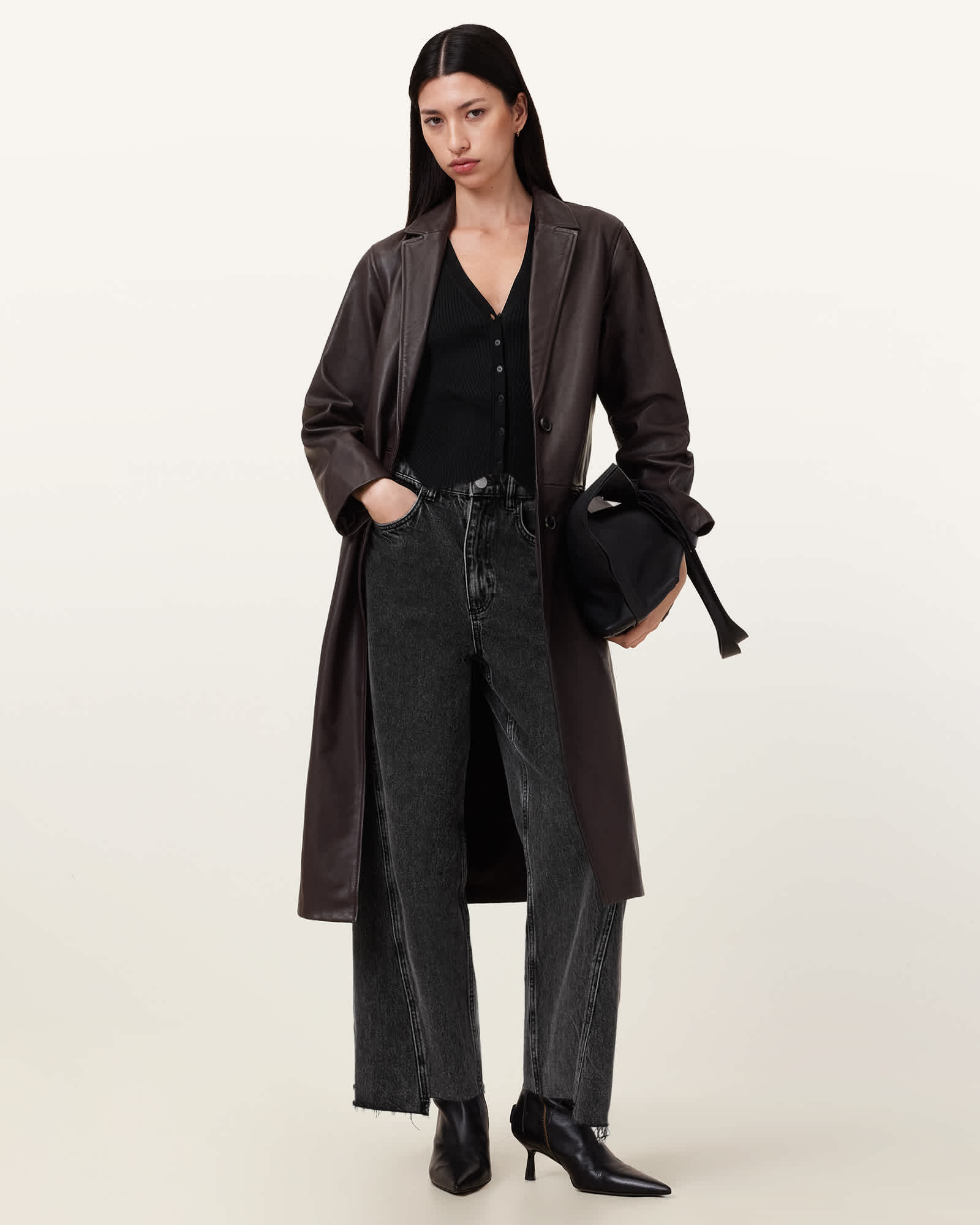 AllSaints Aire Long Line Leather Coat,, Red