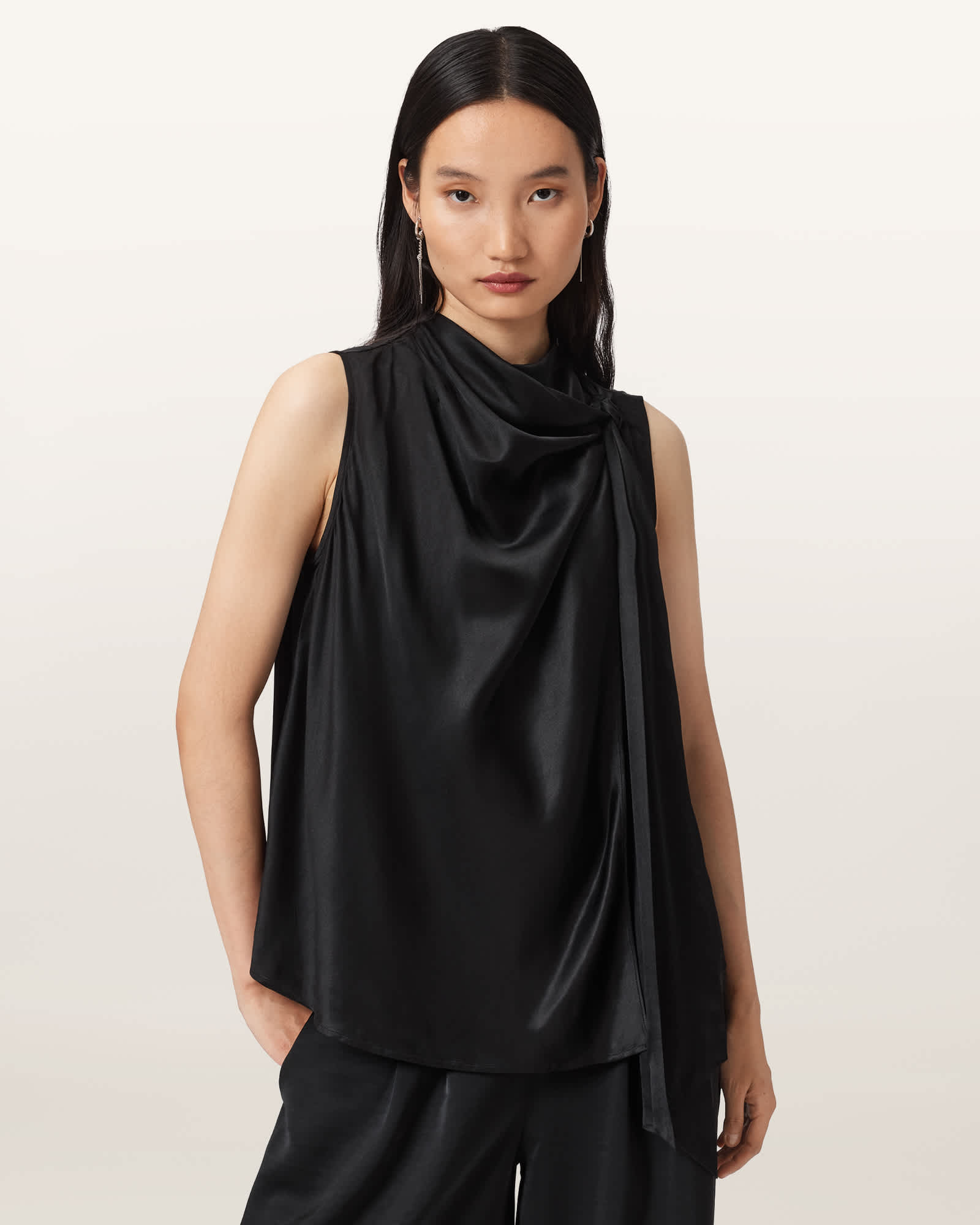 Allsaints Herela Tie Neck Sleeveless Satin Top In Black
