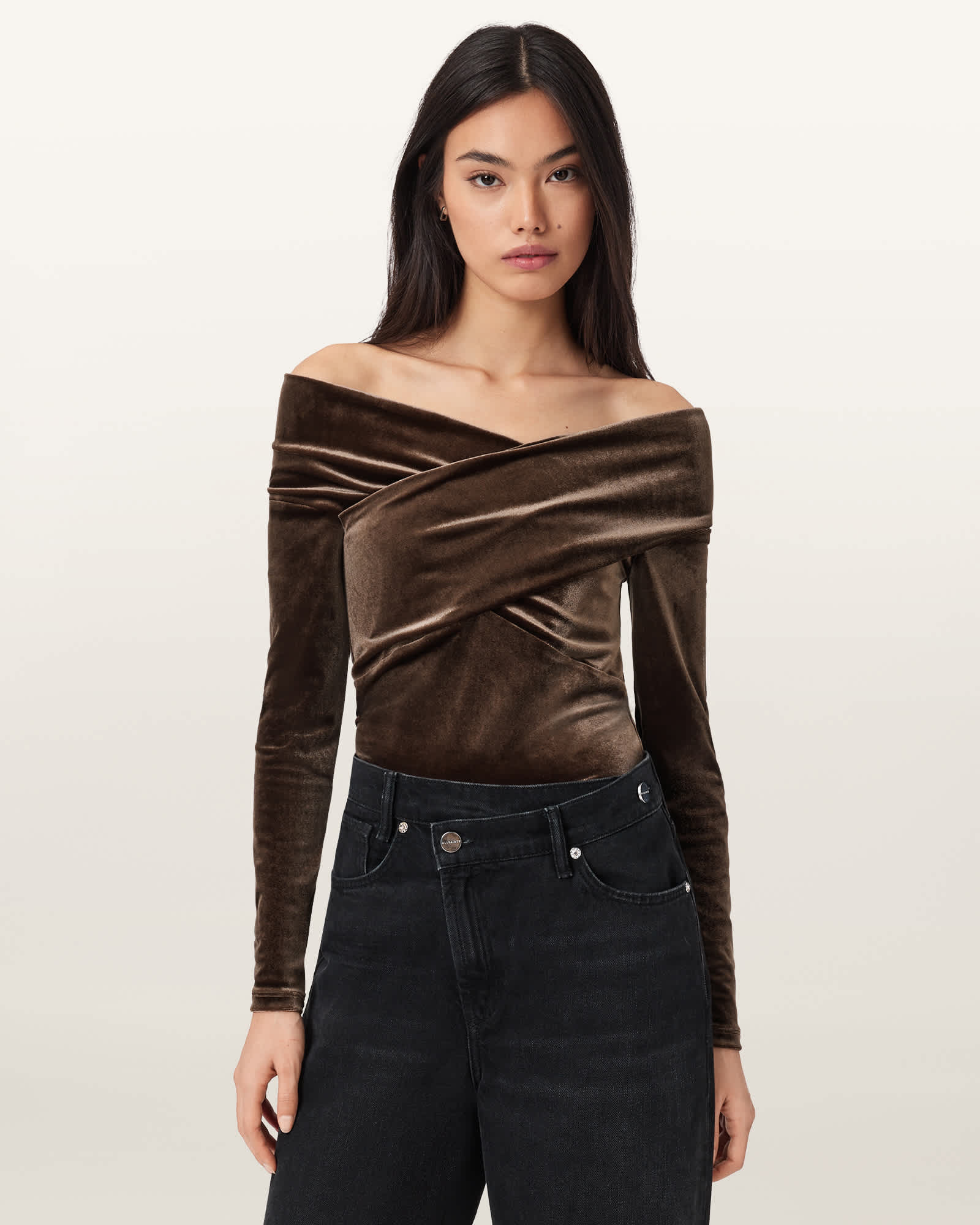 AllSaints Delta Velvet Wrap Top,, Brown