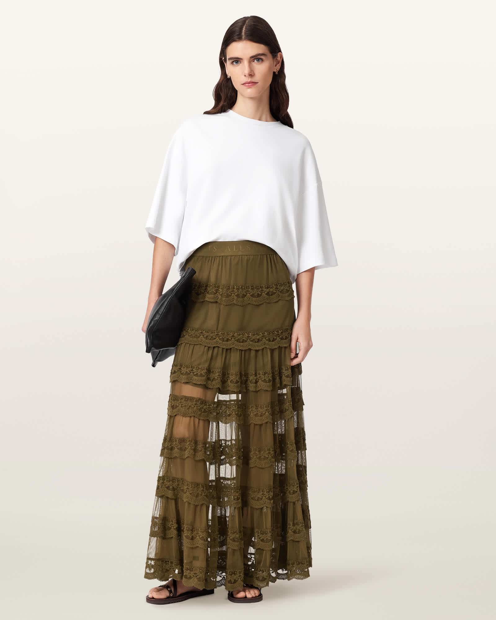 Allsaints Women's Green Maggie Tiered Lace Maxi Skirt - Size  6