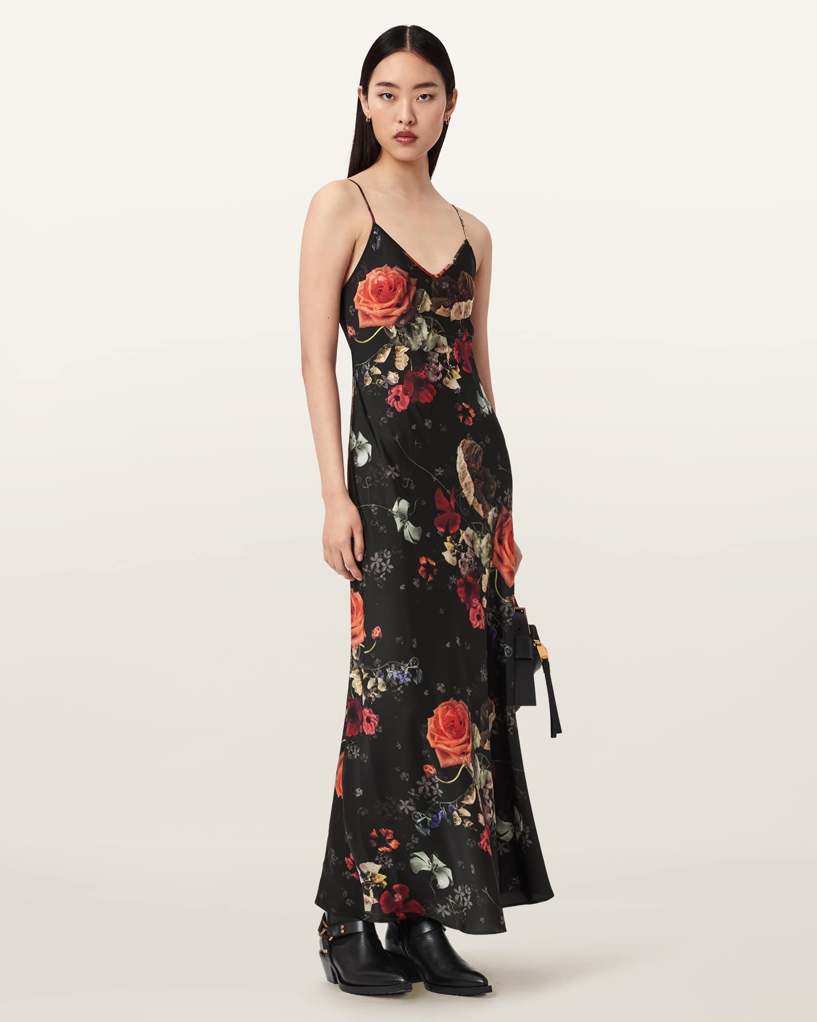 AllSaints Bryony Floral Slip Dress, Black