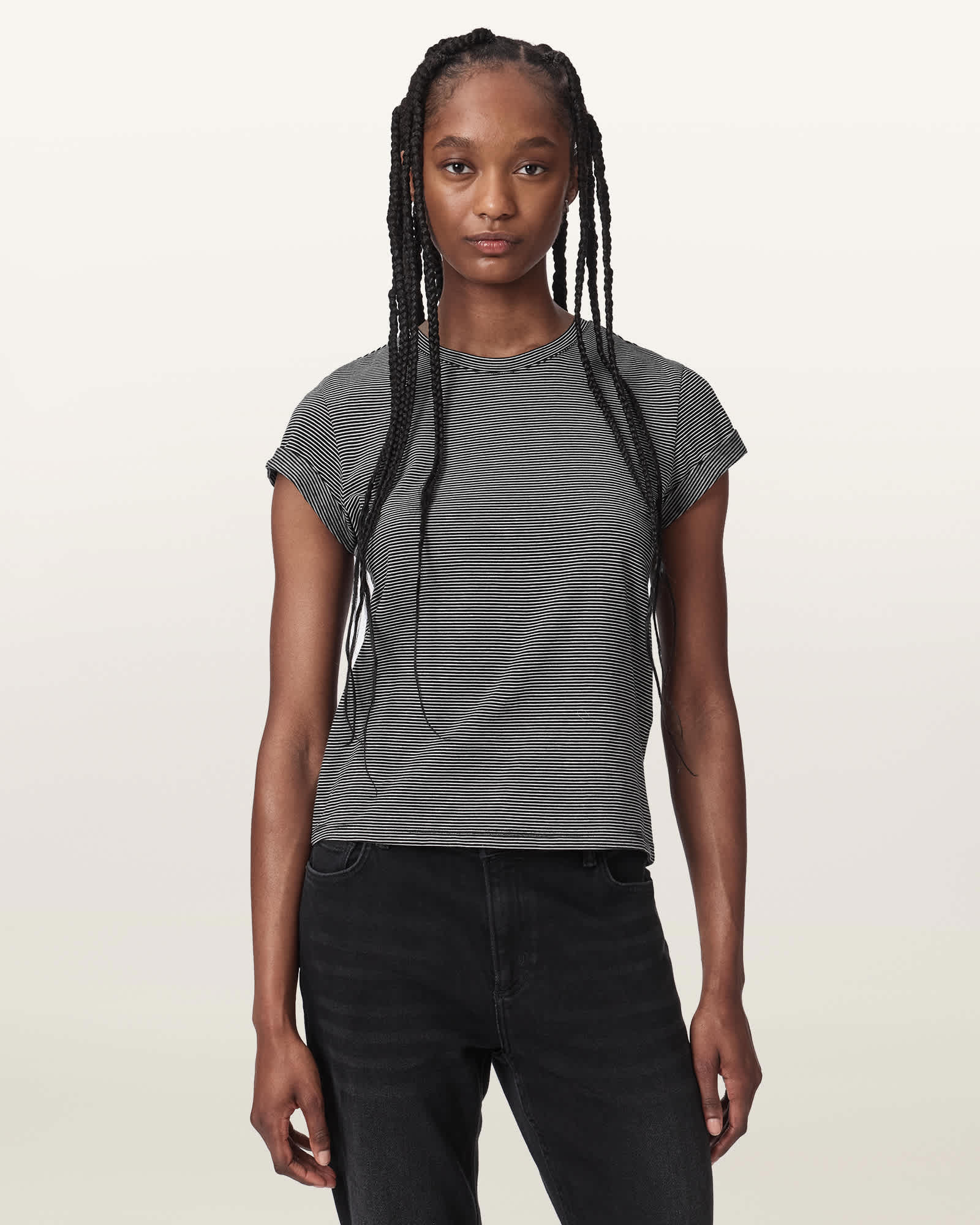 AllSaints Main: 50% Cotton, 50% Polyester Anna Striped Cotton T-Shirt, Size: L
