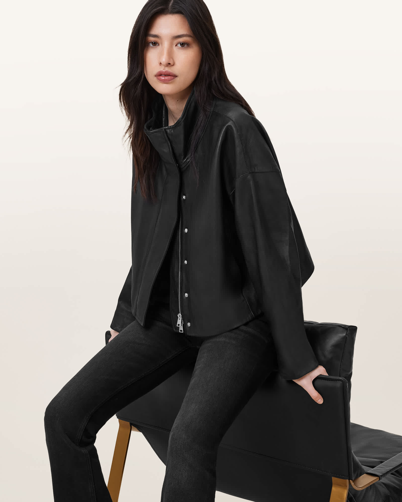 AllSaints Women's Lamb Leather Ryder Funnel Neck Leather Jacket, Size: XS