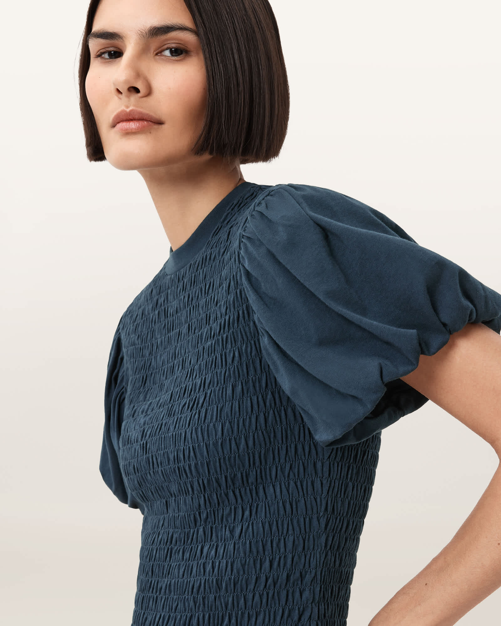Allsaints Dael Smocked Slim Top In Blue