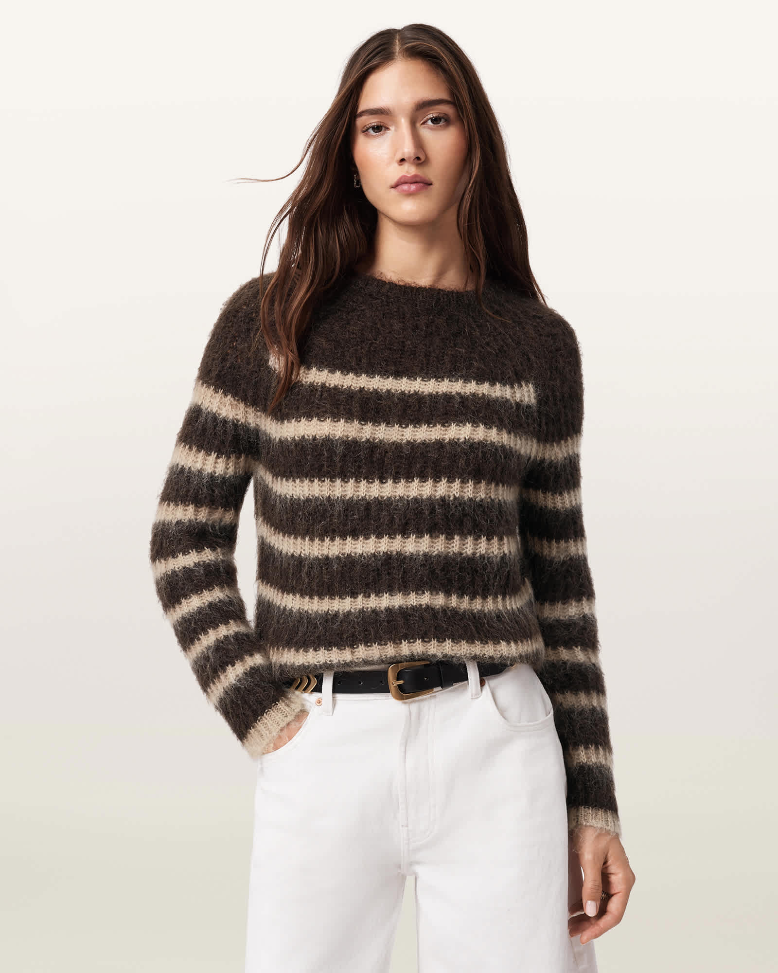 AllSaints Riga Striped Crew Neck Jumper,, Bttle Brown/Barley