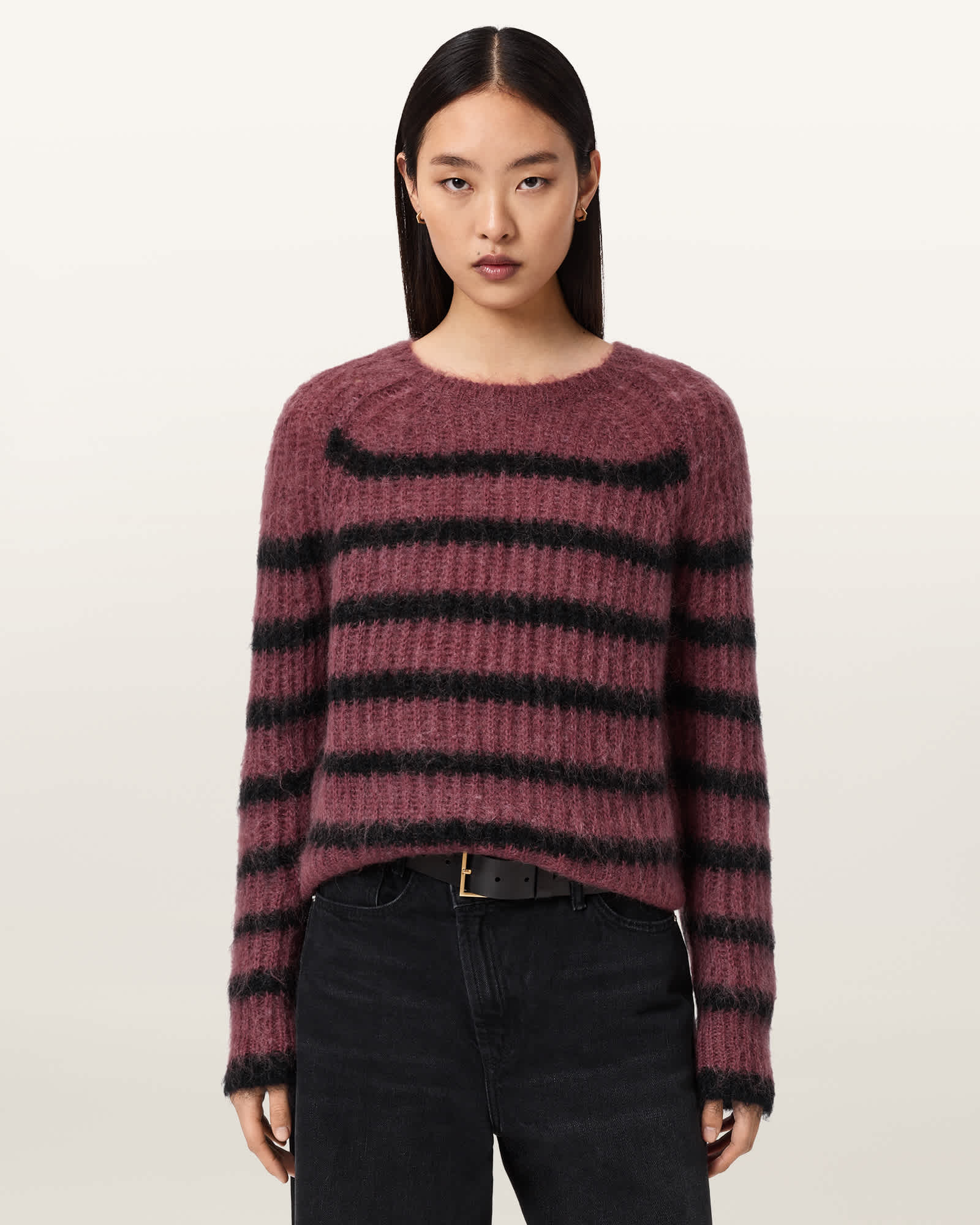 AllSaints Riga Striped Crew Neck Jumper,, Raspberry Pink/blk