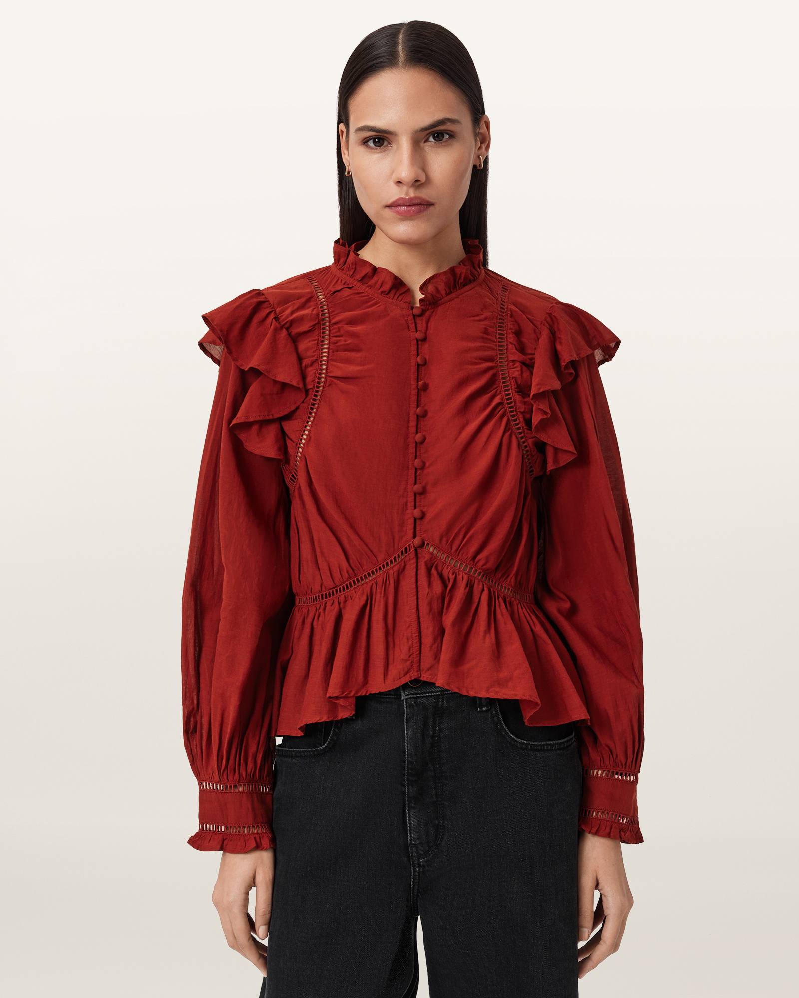 AllSaints Lima Frill Top,, Paprika Red