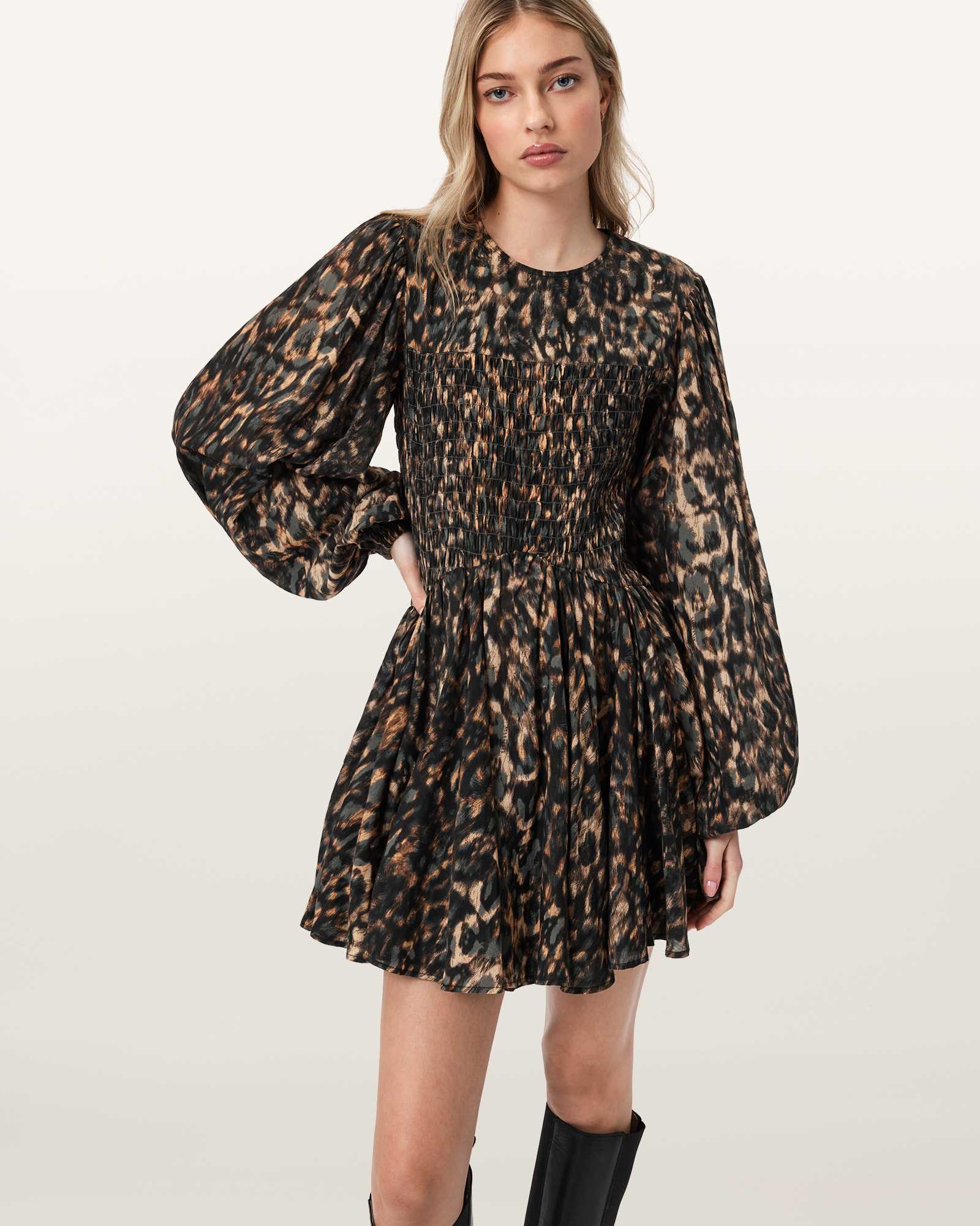 Allsaints Women's Brown Chia Smocked Mini Dress - Size  16