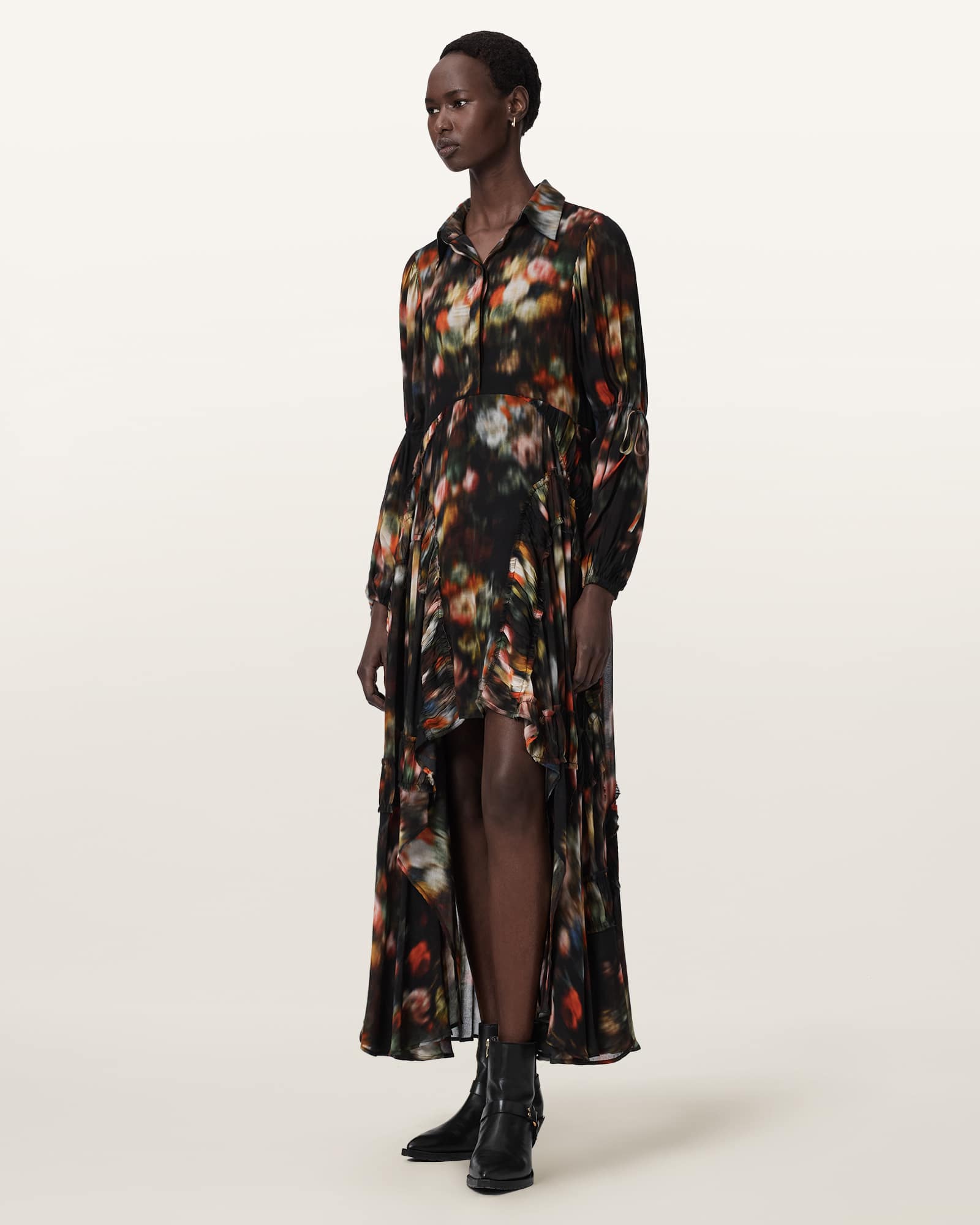 Allsaints Women's Black Maria Relaxed Fit Floral Midi Dress - Size  6