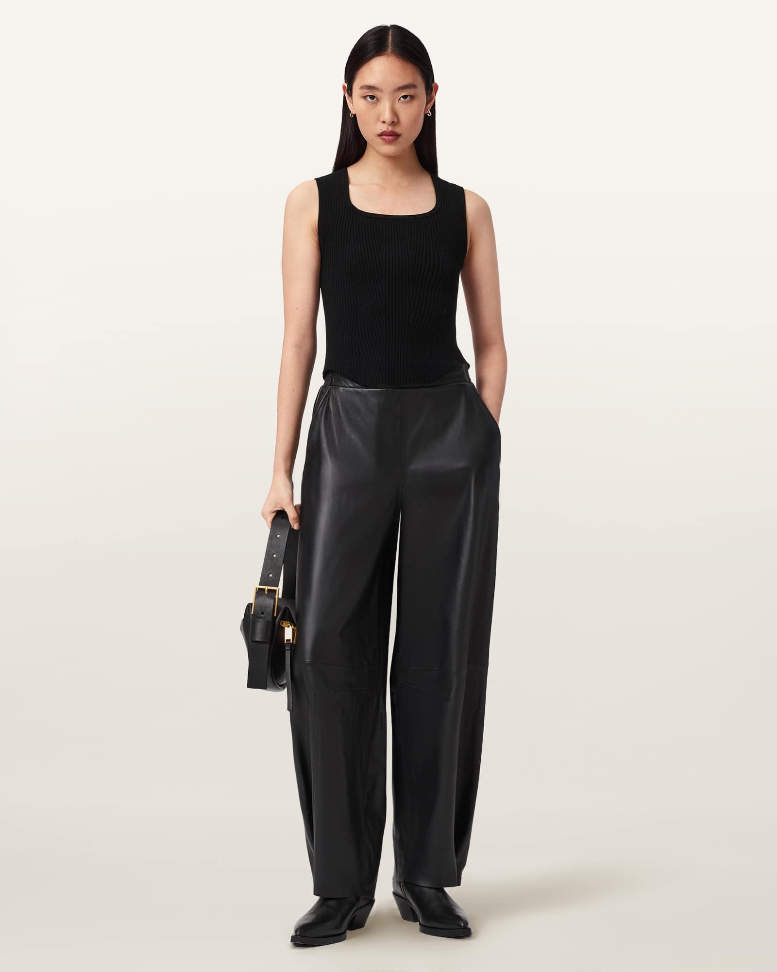 AllSaints Etta Barrel Leg Leather Trousers,, Black
