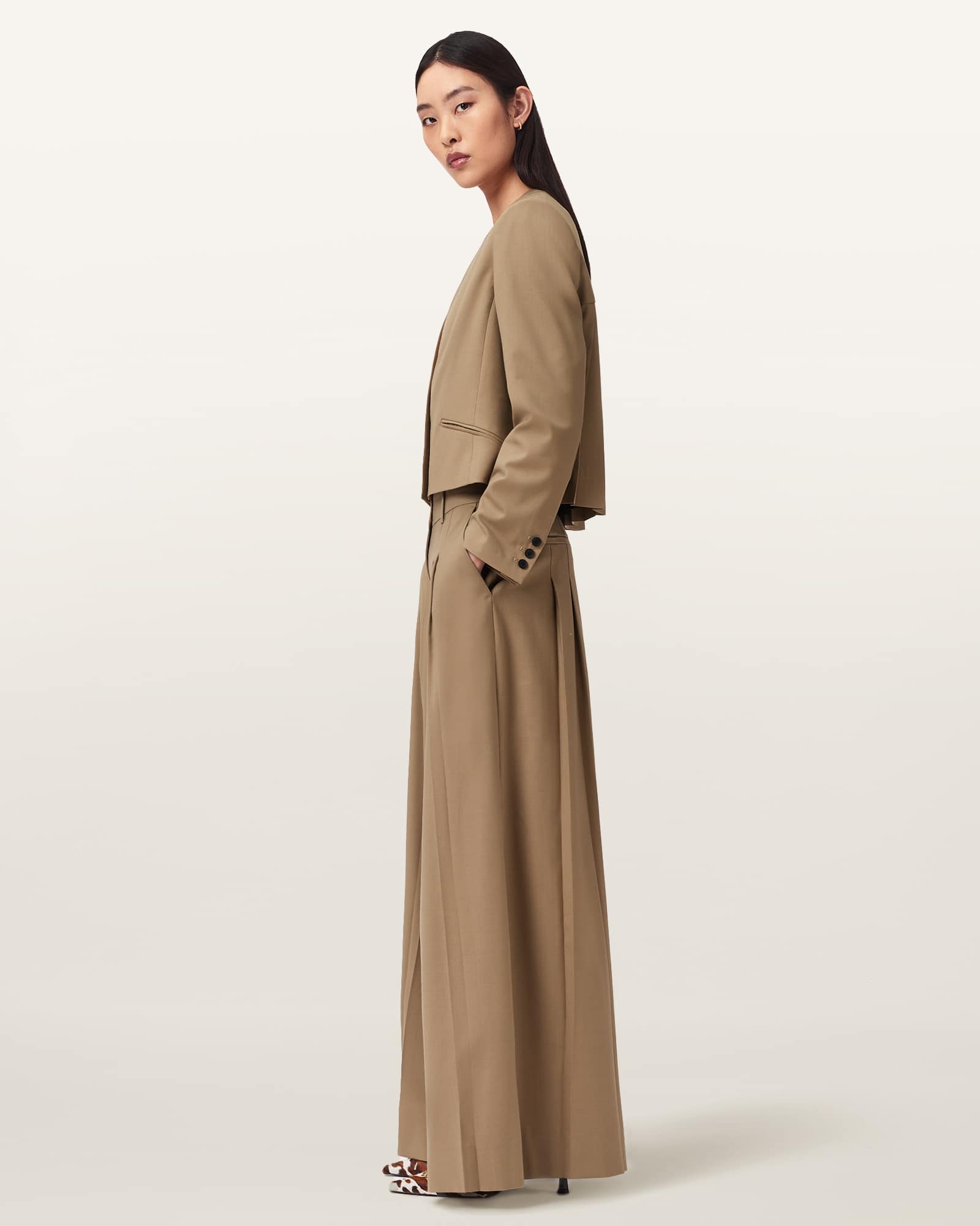AllSaints Wool/Polyester Poppy Wide Leg Pleated Trousers, Size: UK 16/US 12