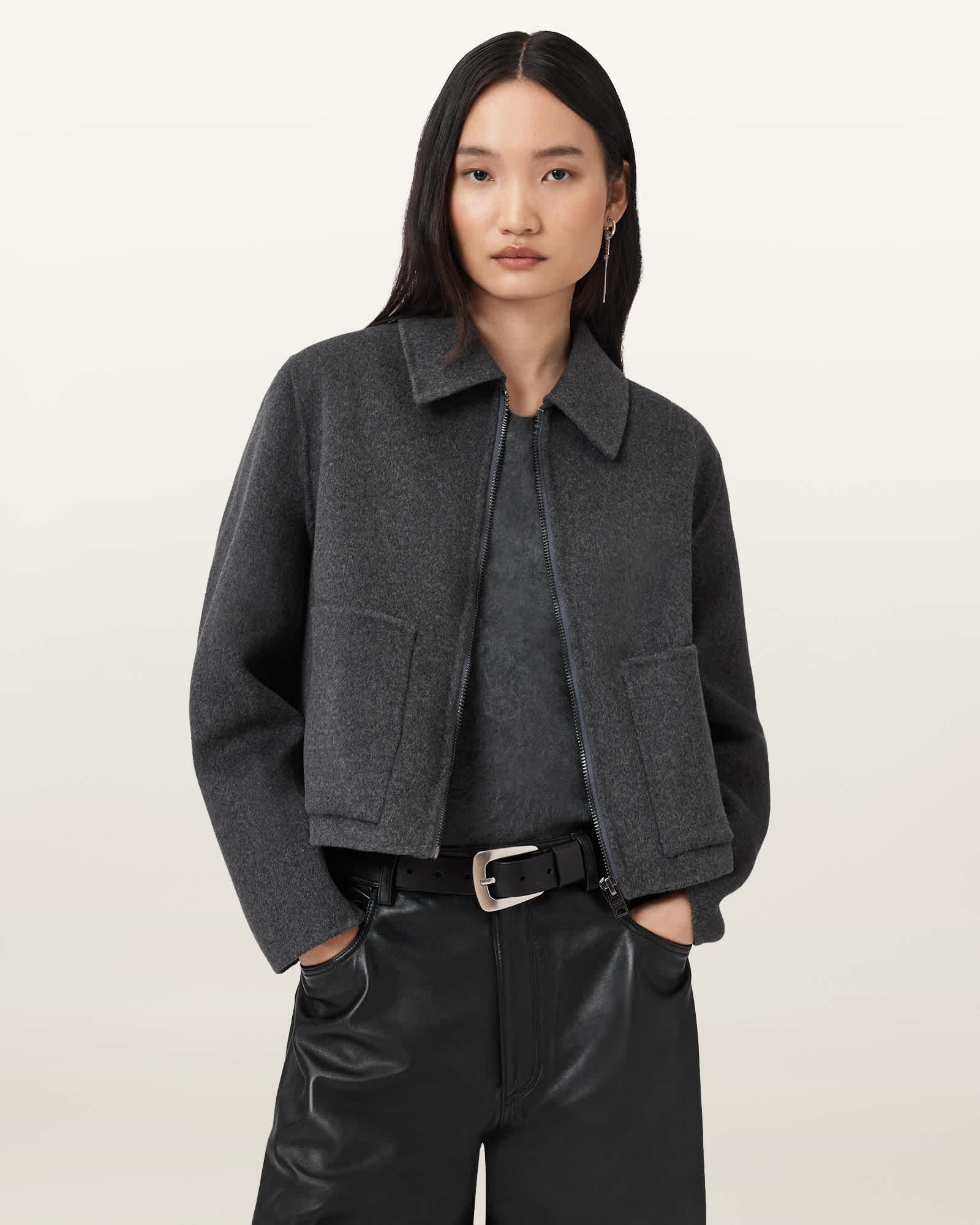 Allsaints Womens Charcoal Grey Seannah Regular-fit Zip-up Wool-blend Jacket In Gray