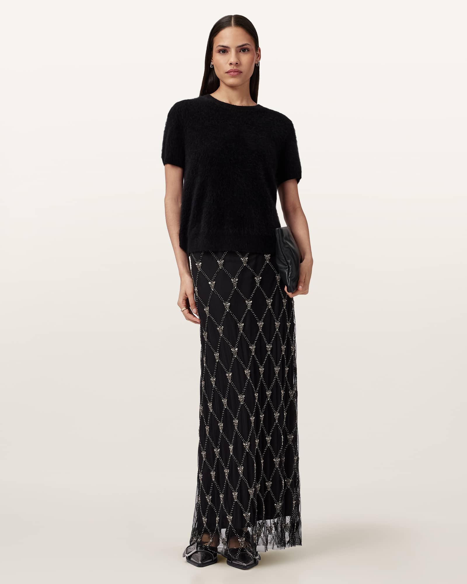 Allsaints Ilka Embellished Skirt In Black