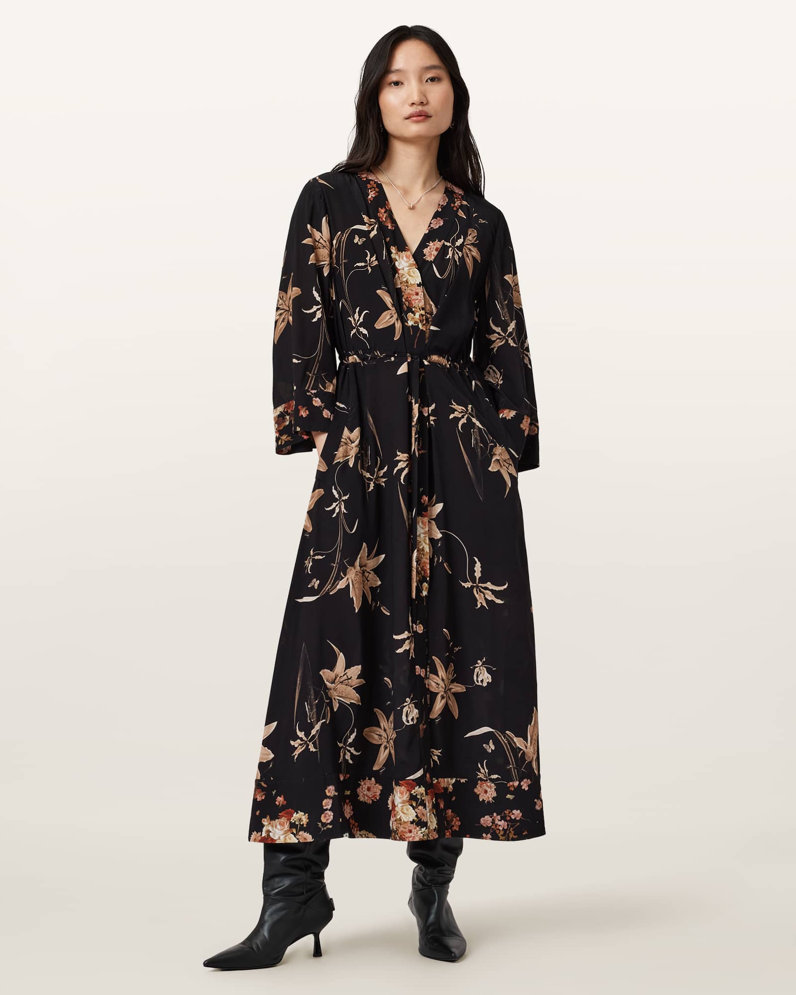 AllSaints Diana Floral Wrap Dress,, Petra Sepia Brown