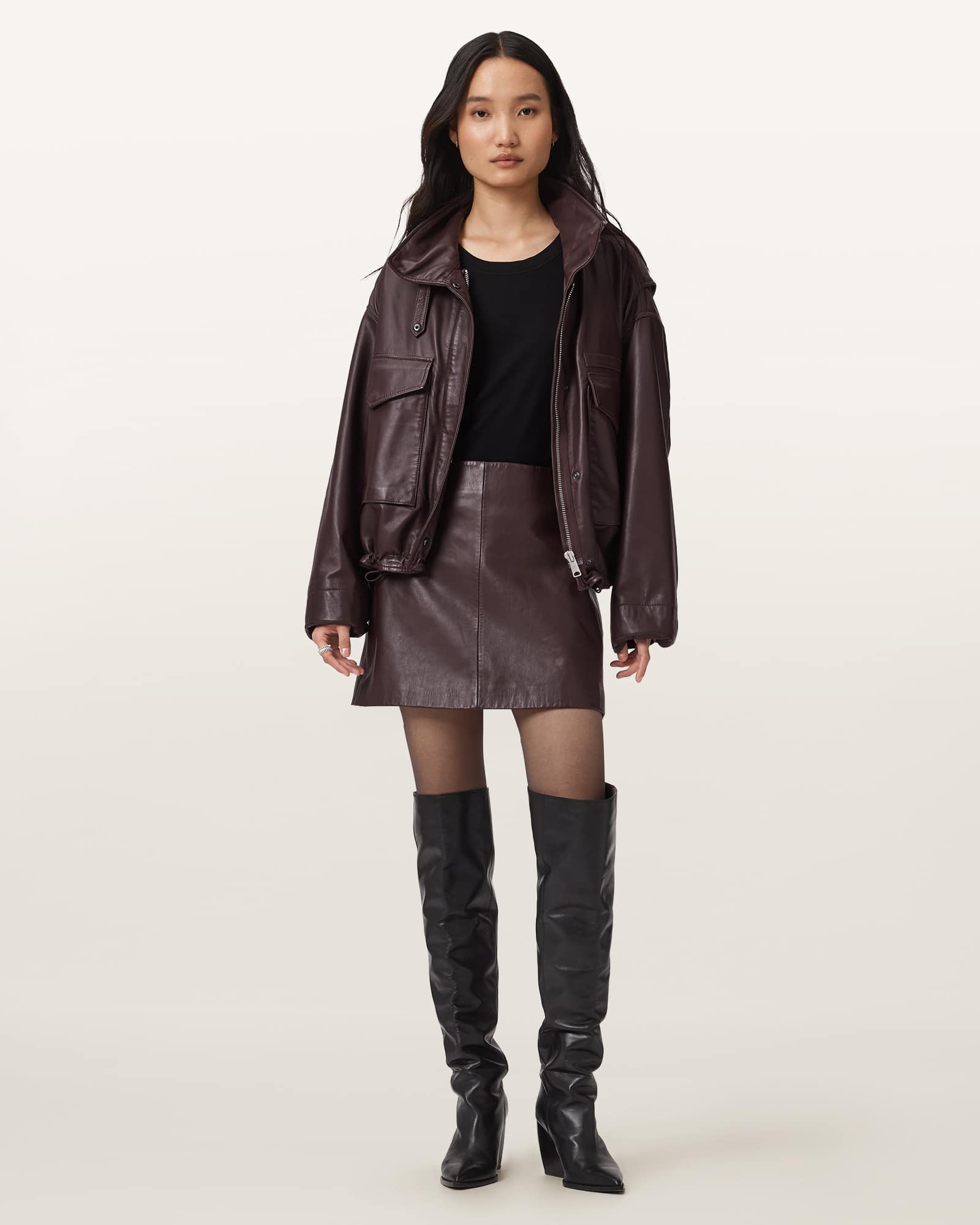Allsaints Main: 100% Sheep Leather Renai Leather Mini Skirt In Brown