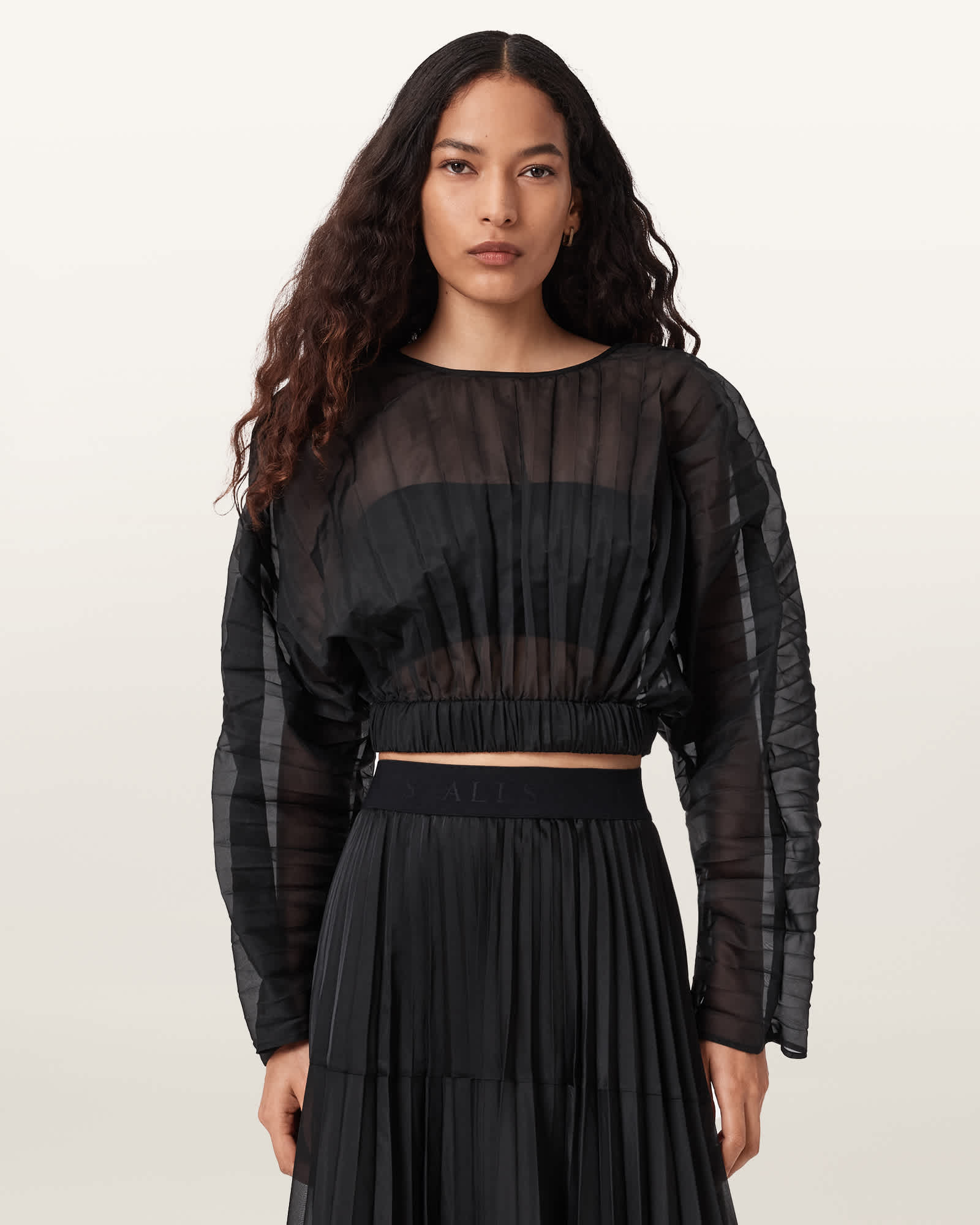Allsaints Micaela Pleated Sheer Top In Black