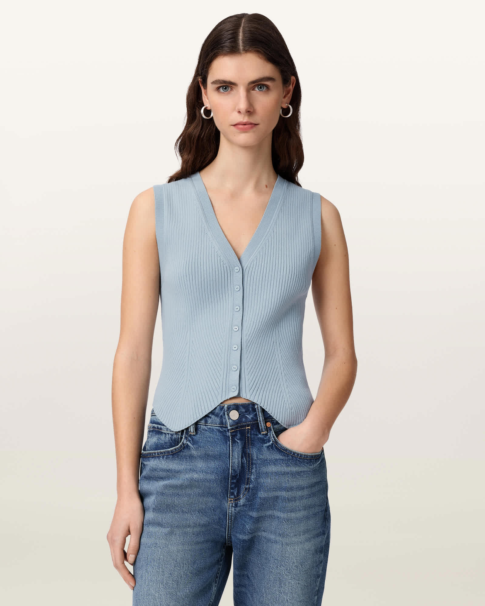 AllSaints Viscose Cruz Ribbed Knitted Waistcoat, Size: L