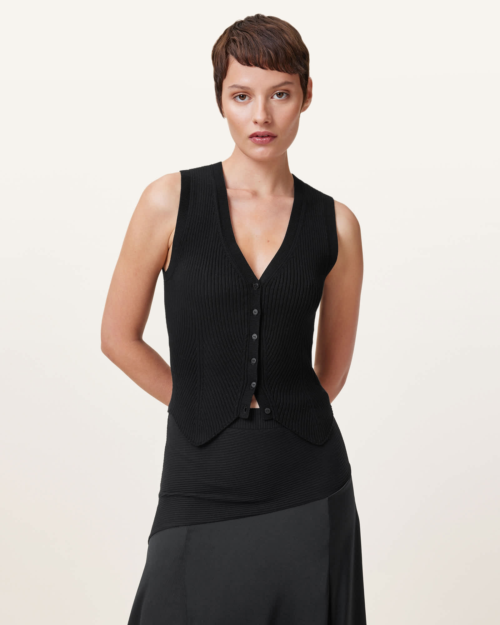 AllSaints Women's Viscose Cruz Ribbed Knitted Waistcoat, Size: S