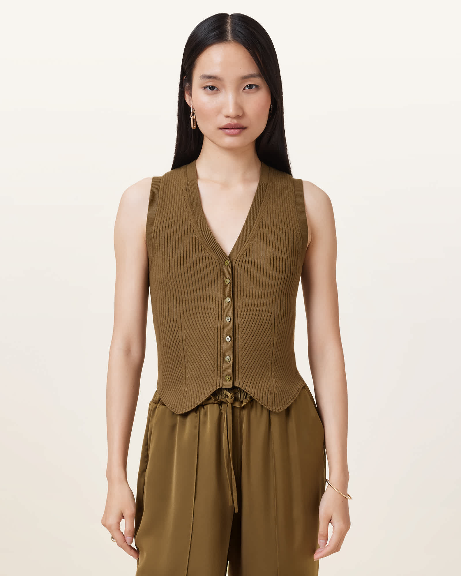 AllSaints Cruz Ribbed Knitted Waistcoat,, Fir Green