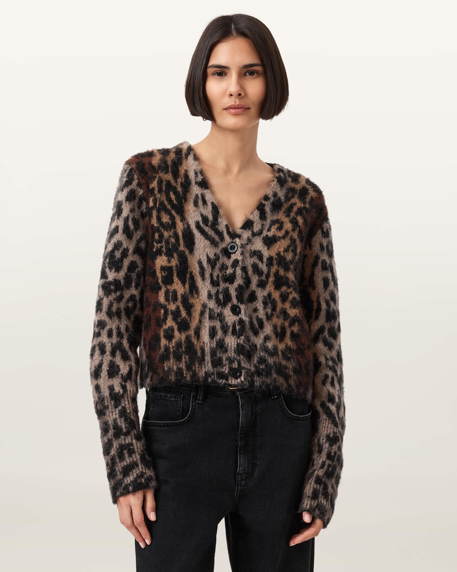 AllSaints Wick Leopard Jacquard Cropped Cardigan,, Black/Brown