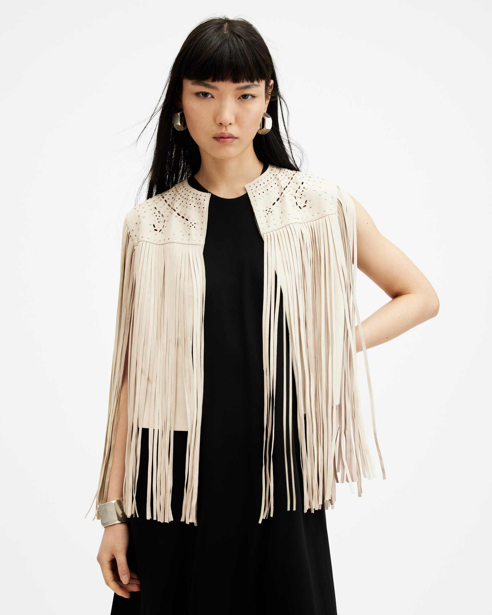AllSaints Women's Sheep Leather Elias Astral Leather Tassel Gilet, Size: S
