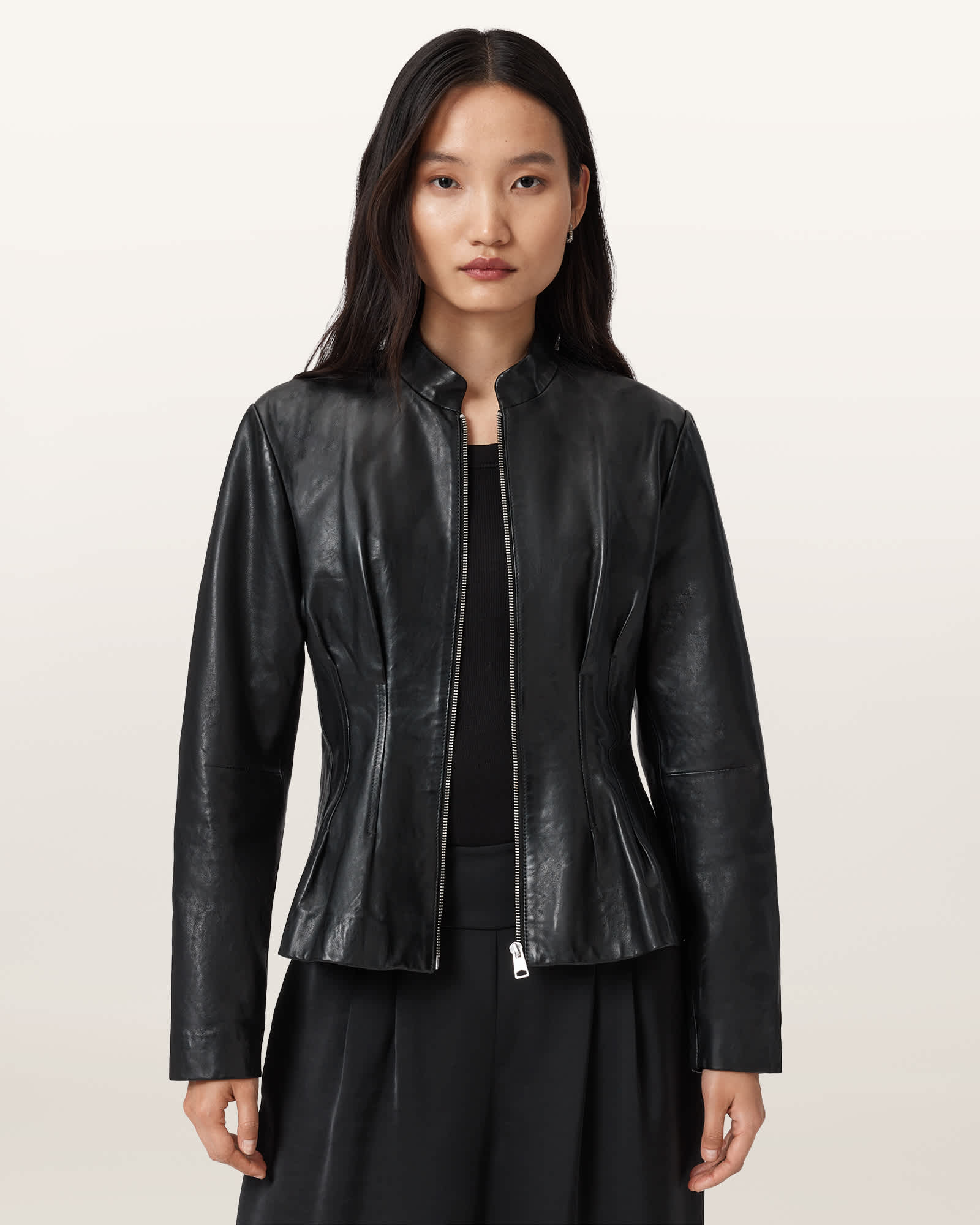 Allsaints Clo Pleated Leather Jacket In Black