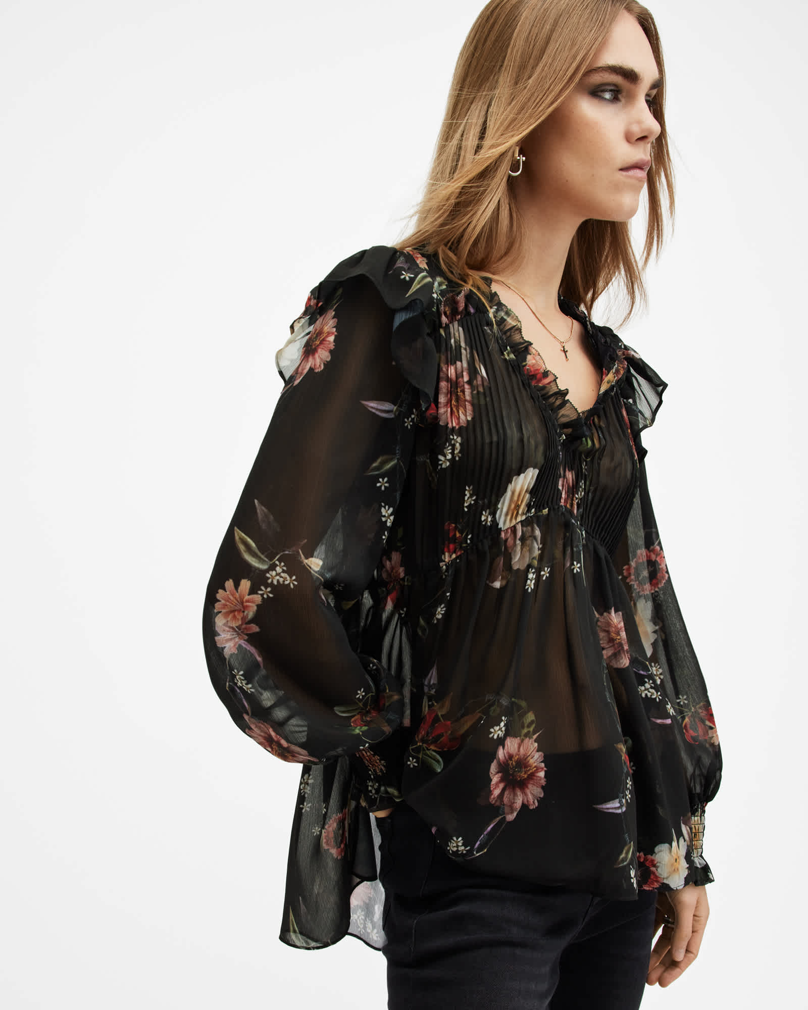 Allsaints Women's Iryna Frill Printed Sheer Top - Size  8