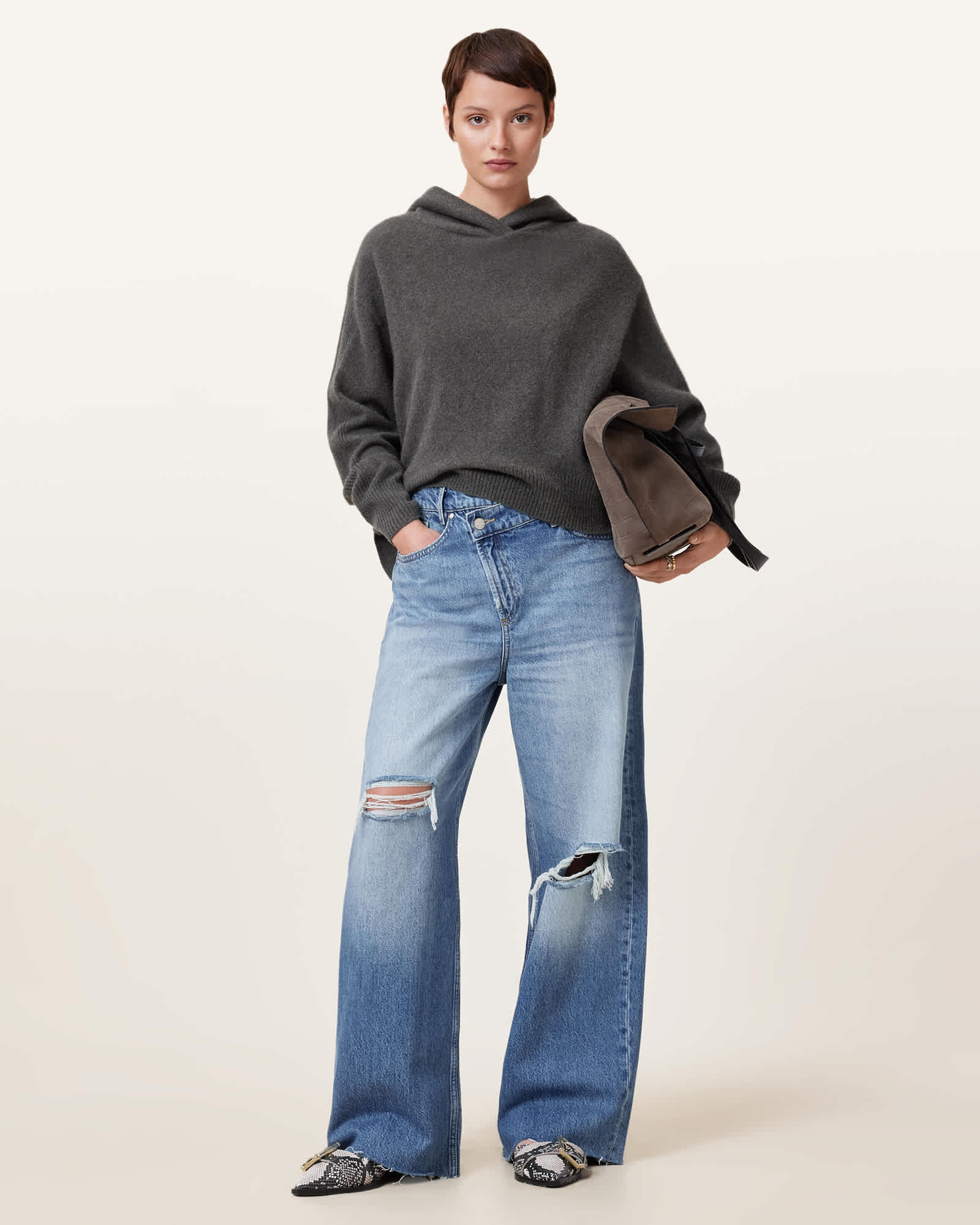 AllSaints Women's Cotton Aki Wide Leg Crossover Denim Jeans, Size: 29
