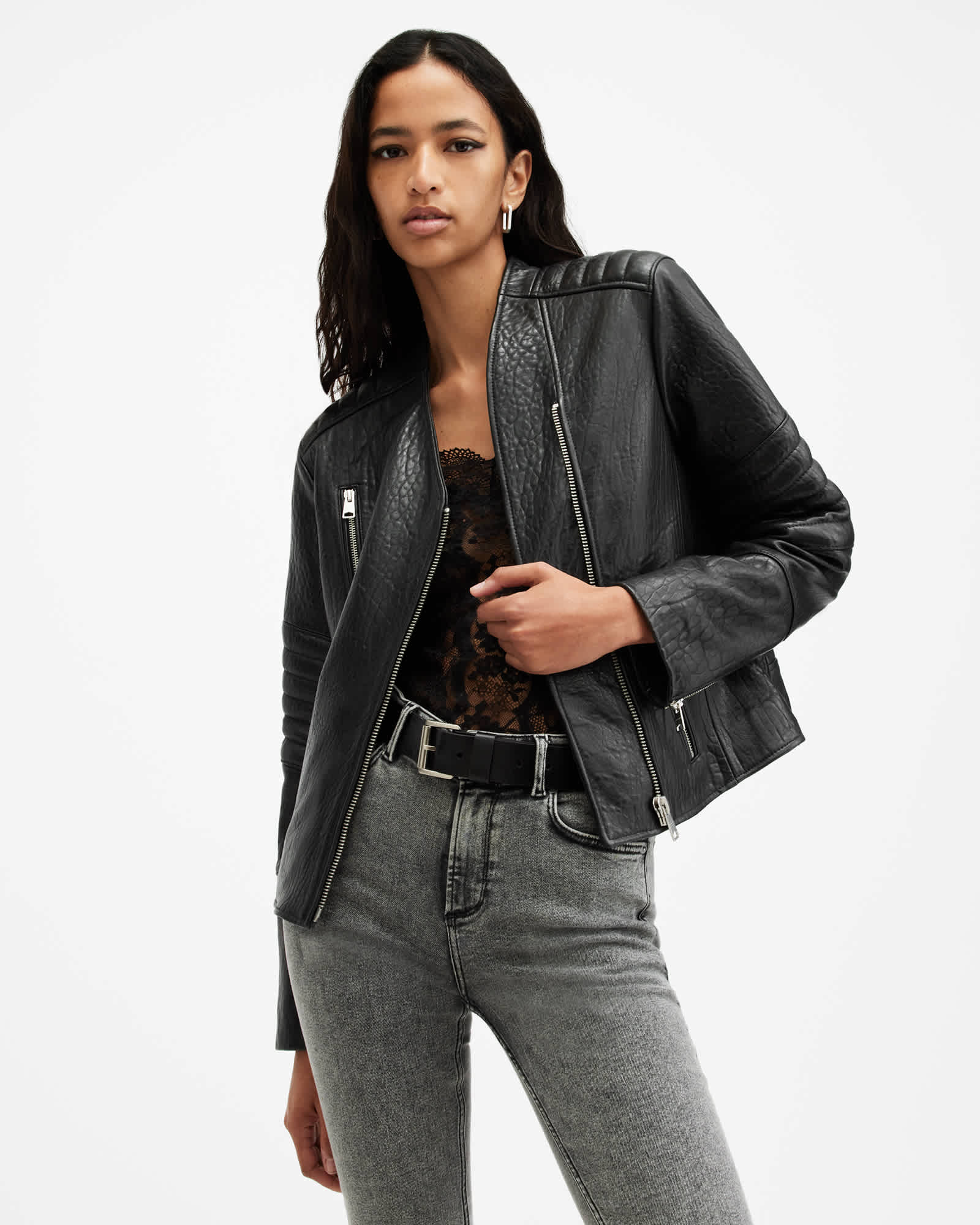 AllSaints Leather Cawley Funnel Neck Leather Biker Jacket
