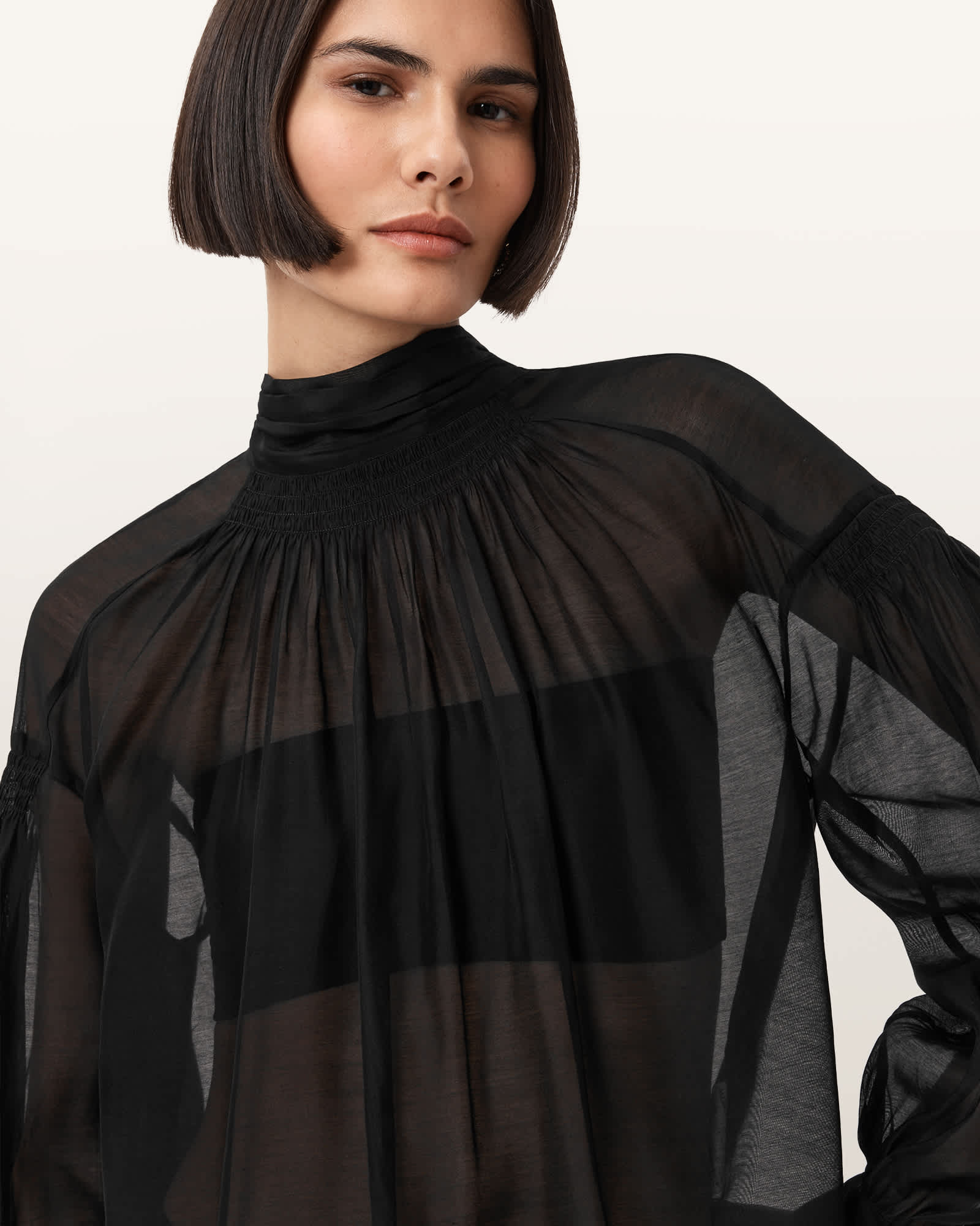 AllSaints Pearla High Neck Sheer Top,, Black