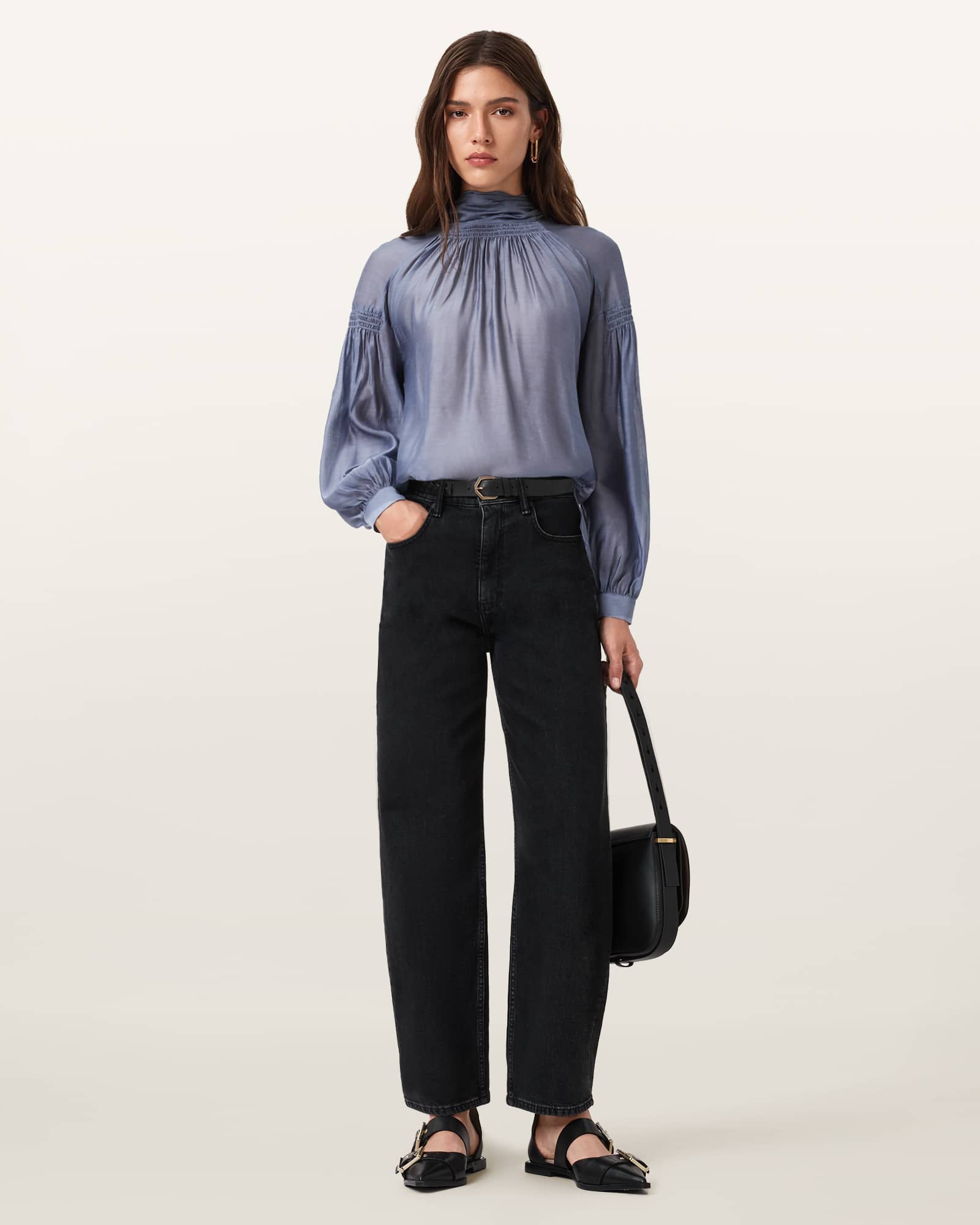 AllSaints Pearla High Neck Sheer Top,, Lilac Grey