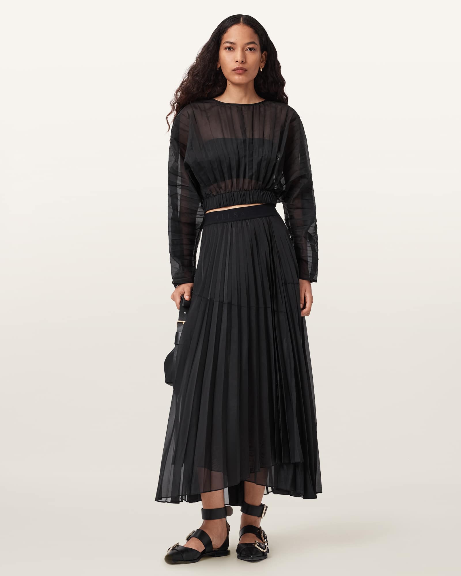 Allsaints Main: 100% Polyester Micaela Pleated Skirt In Black