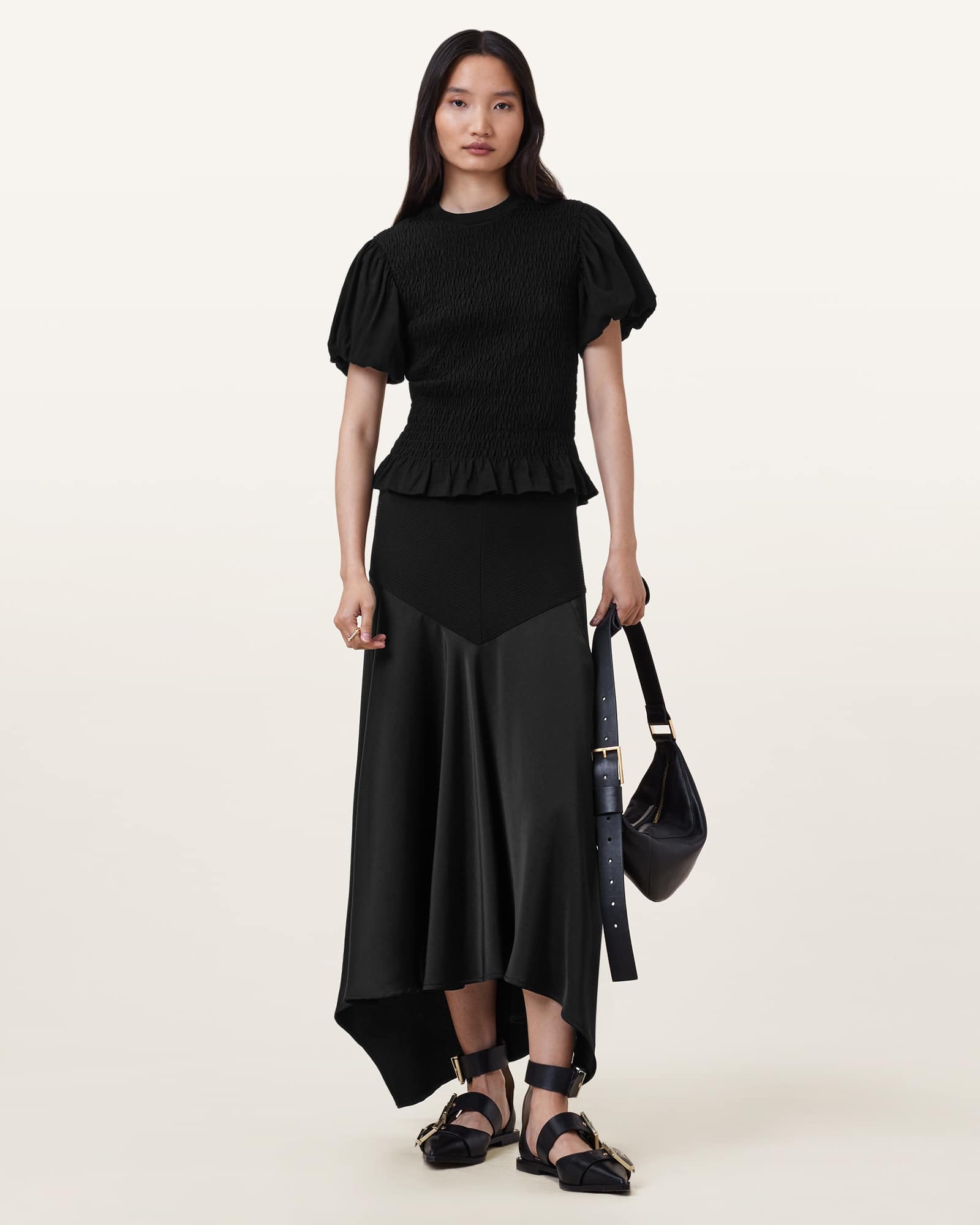 AllSaints Women's Cotton Pia Satin Asymmetric Maxi Skirt, Size: UK 8/US 4