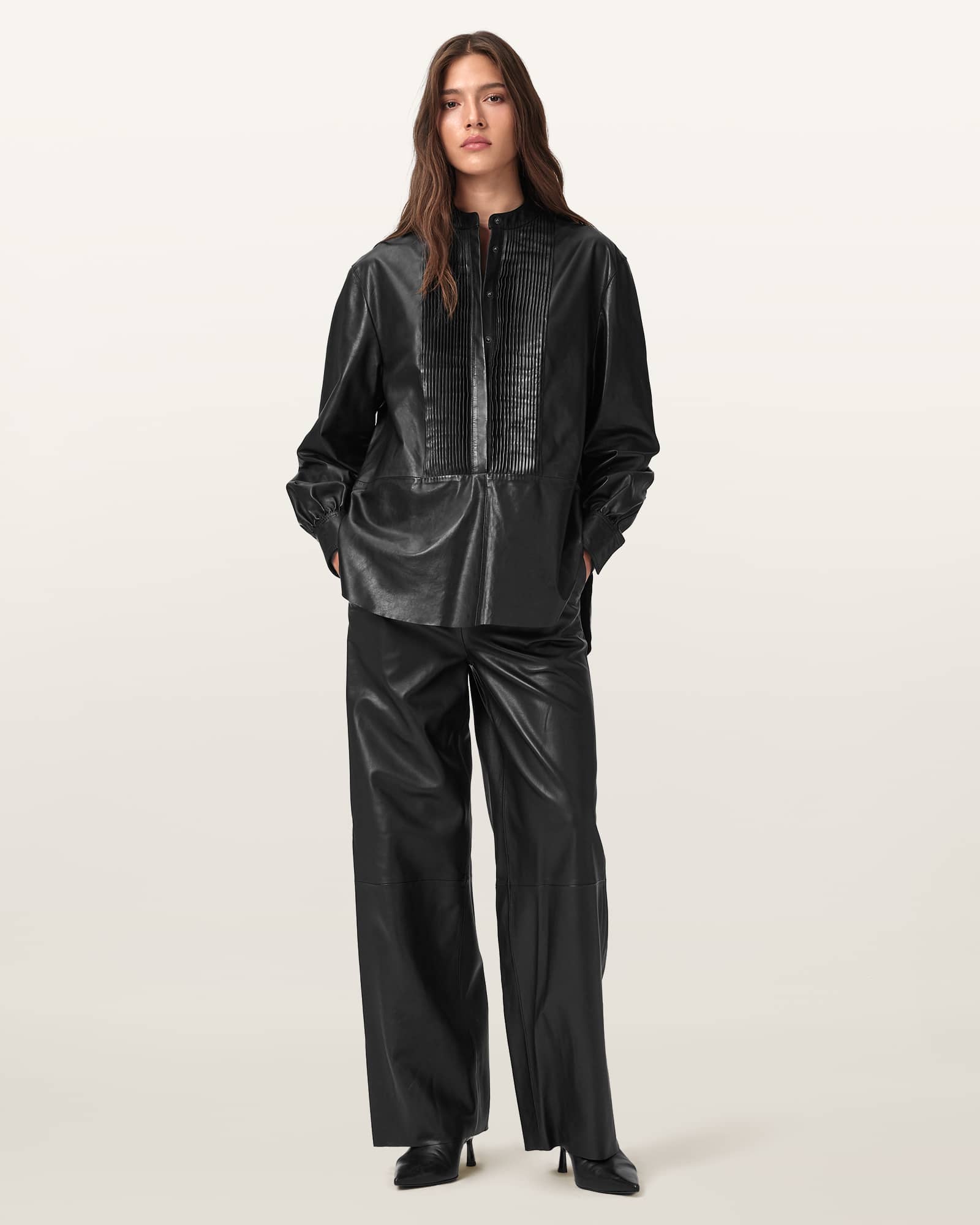 Allsaints Main: 100% Sheep Leather Ash Wide Leg Leather Trousers In Black