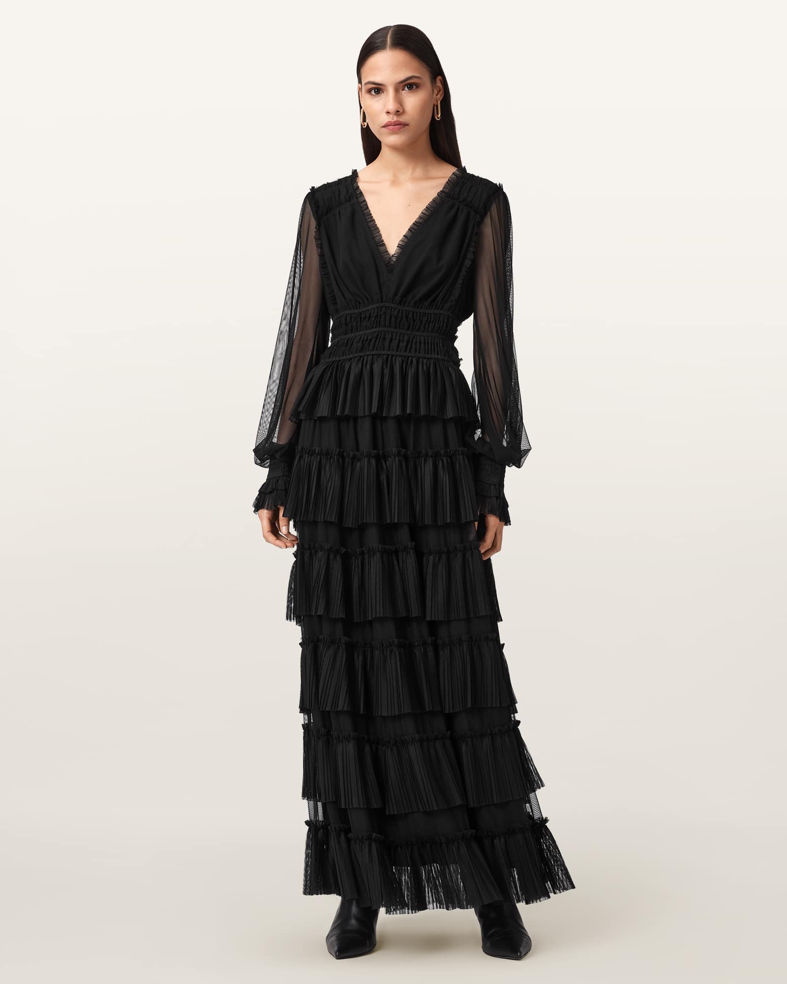 Allsaints Xantara Shirred Maxi Dress In Black