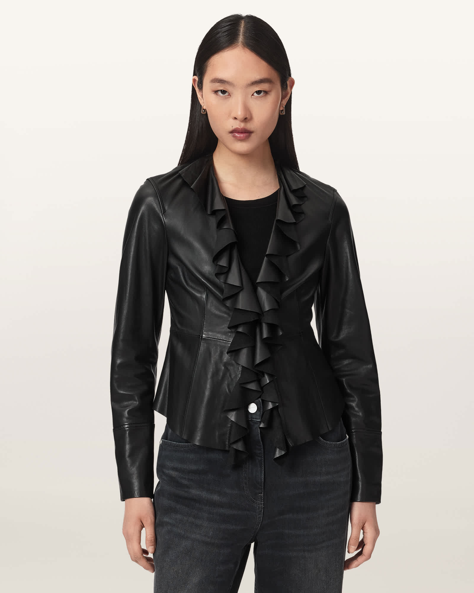 Allsaints Women's Black Luana Slim Fit Pleated Leather Shirt - Size  16