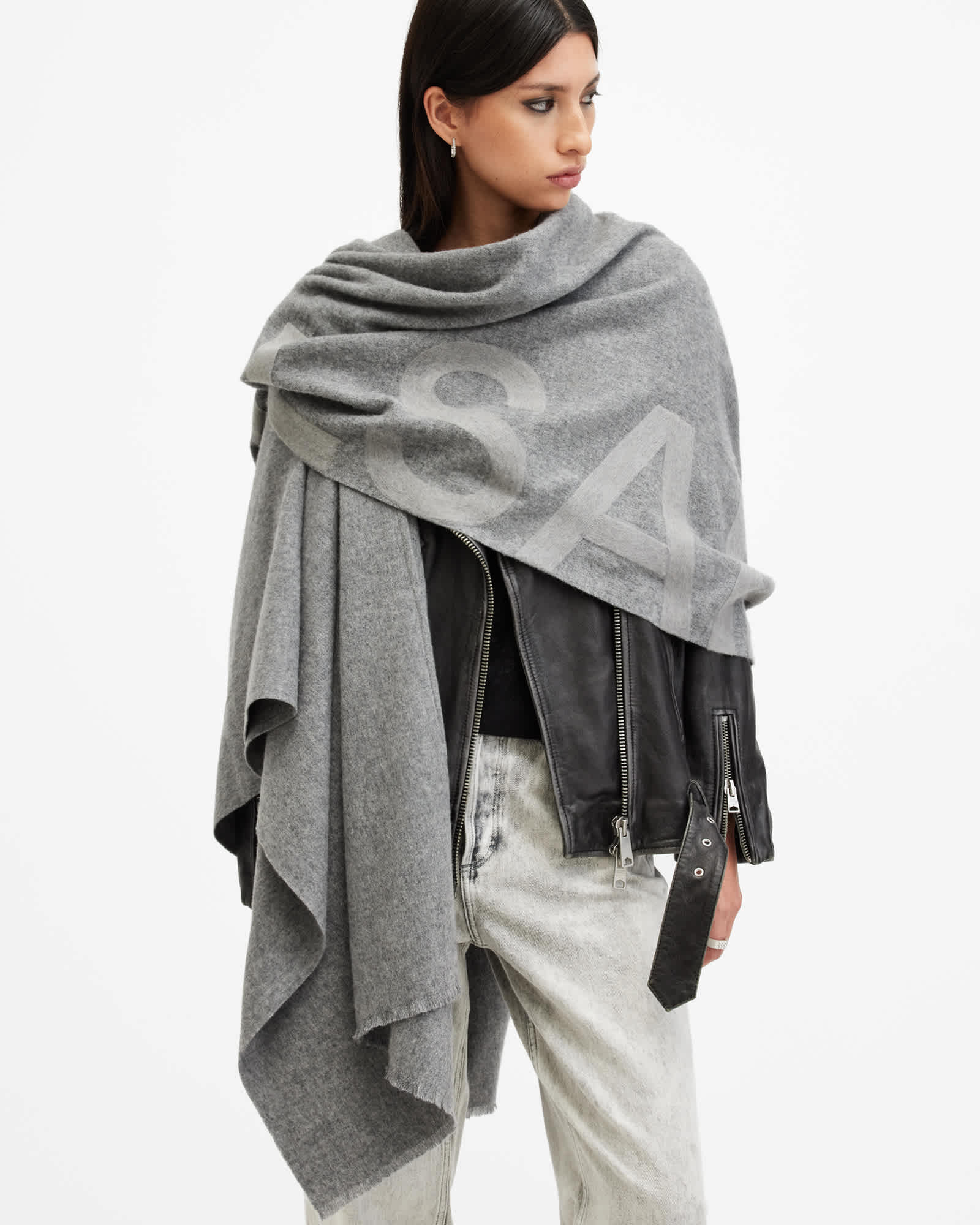 AllSaints Wool Rae Logo Embroidered Wool Scarf, Size: 80x20 inch