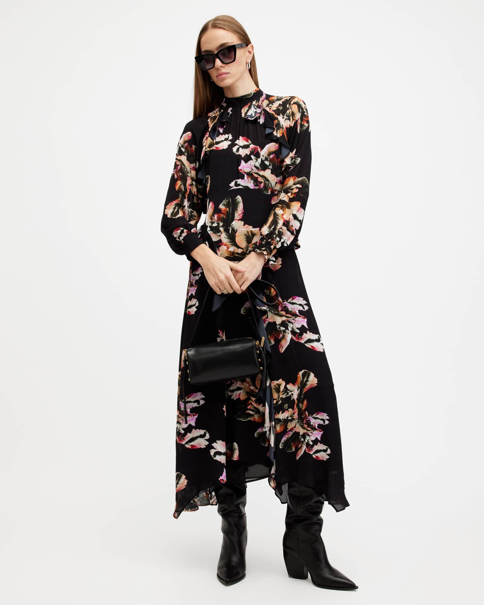 Allsaints Women's Jessica Floral Print Ruffle Maxi Dress - Size  6