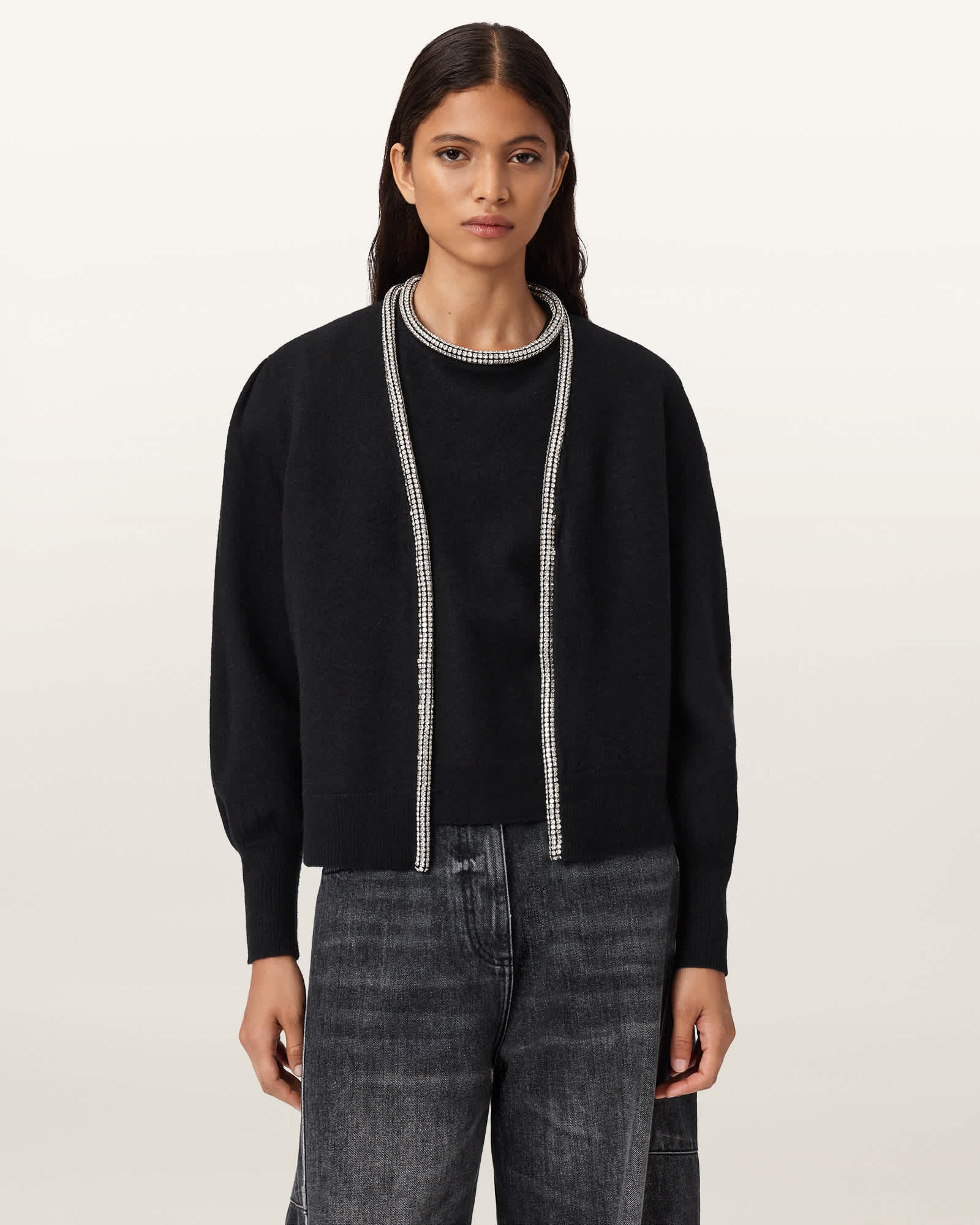 Allsaints Odell Embellished Wool Cardigan In Black